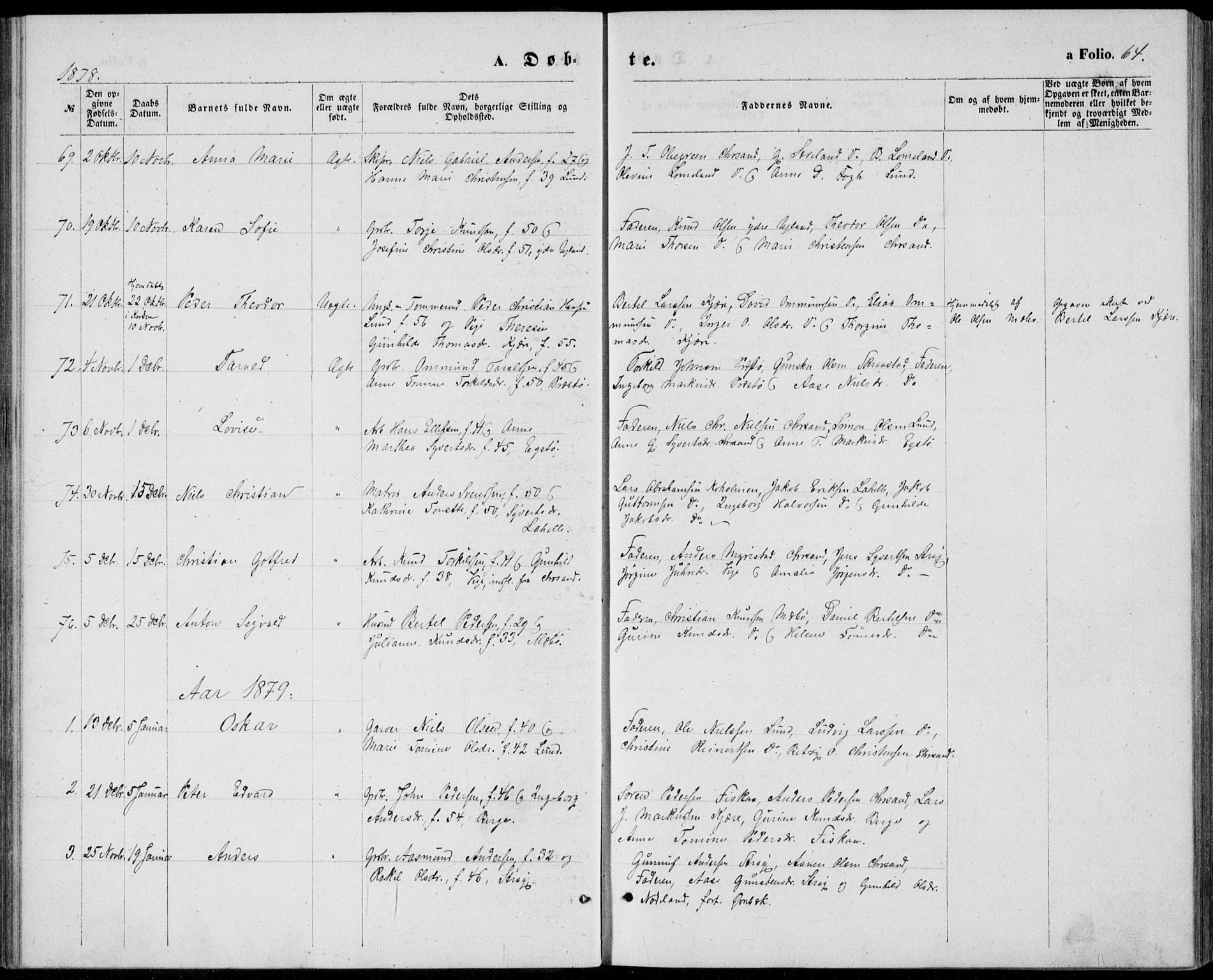 Oddernes sokneprestkontor, AV/SAK-1111-0033/F/Fb/Fba/L0007: Parish register (copy) no. B 7, 1869-1887, p. 64