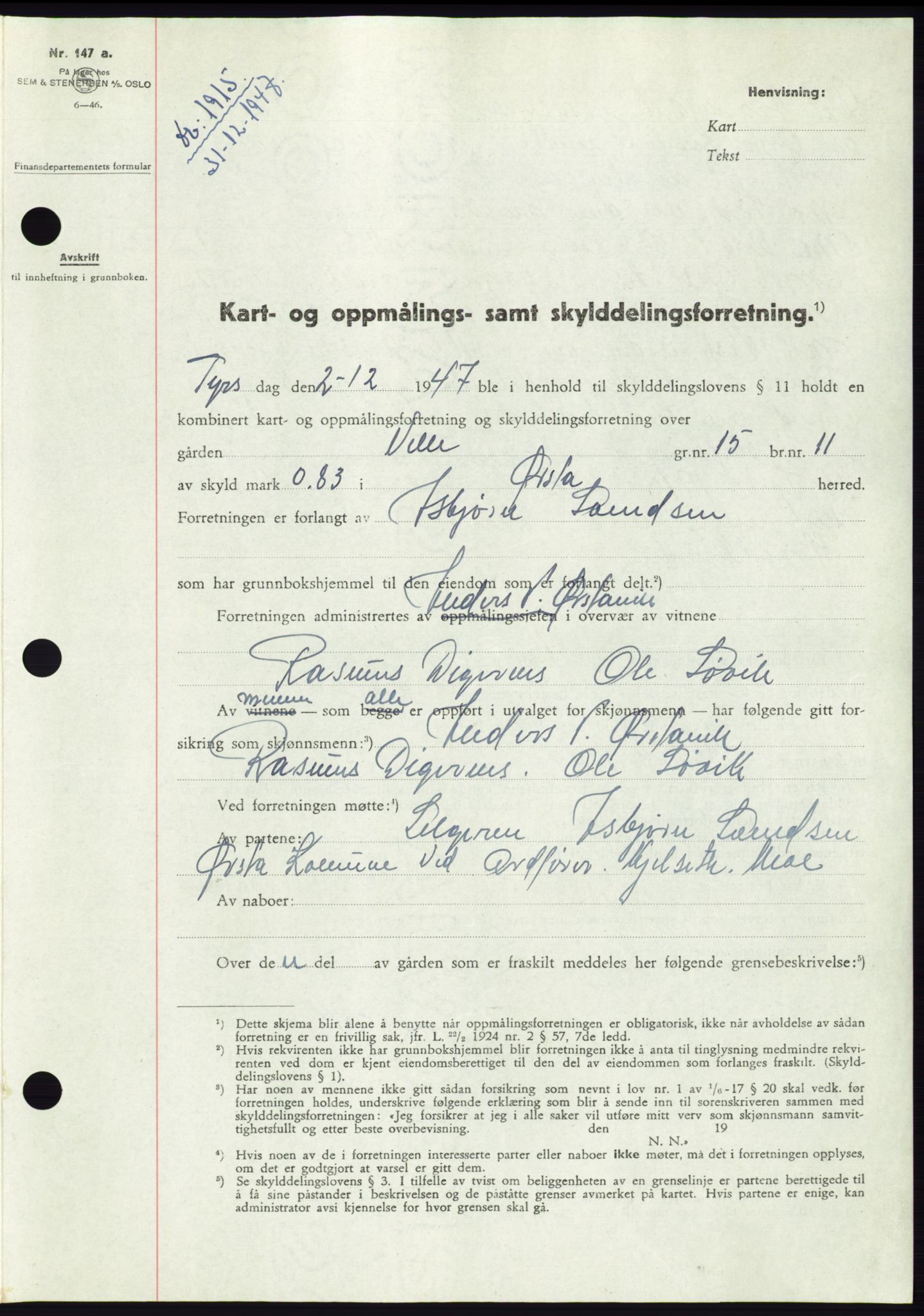 Søre Sunnmøre sorenskriveri, AV/SAT-A-4122/1/2/2C/L0081: Mortgage book no. 7A, 1947-1948, Diary no: : 1915/1947