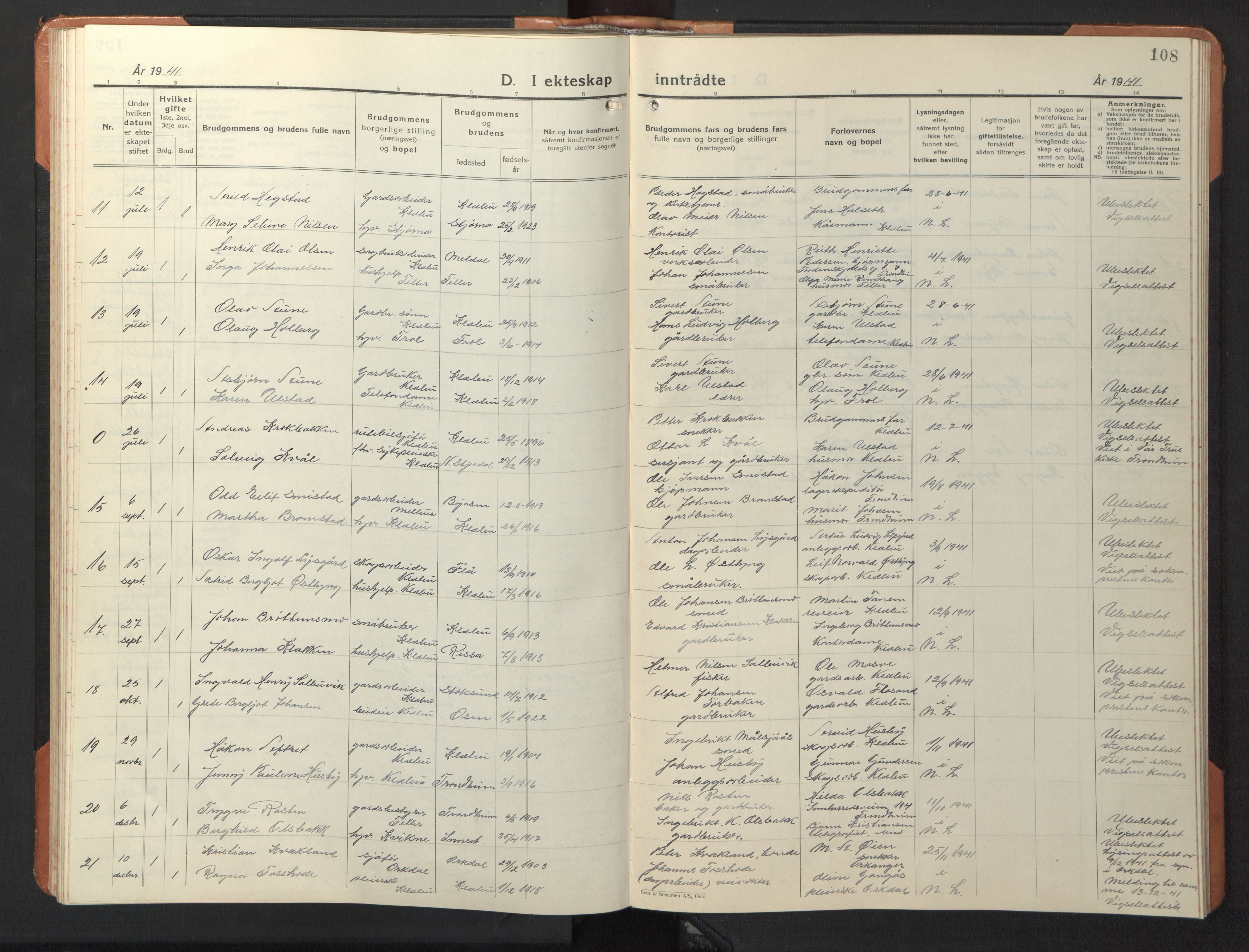 Ministerialprotokoller, klokkerbøker og fødselsregistre - Sør-Trøndelag, AV/SAT-A-1456/618/L0454: Parish register (copy) no. 618C05, 1926-1946, p. 108