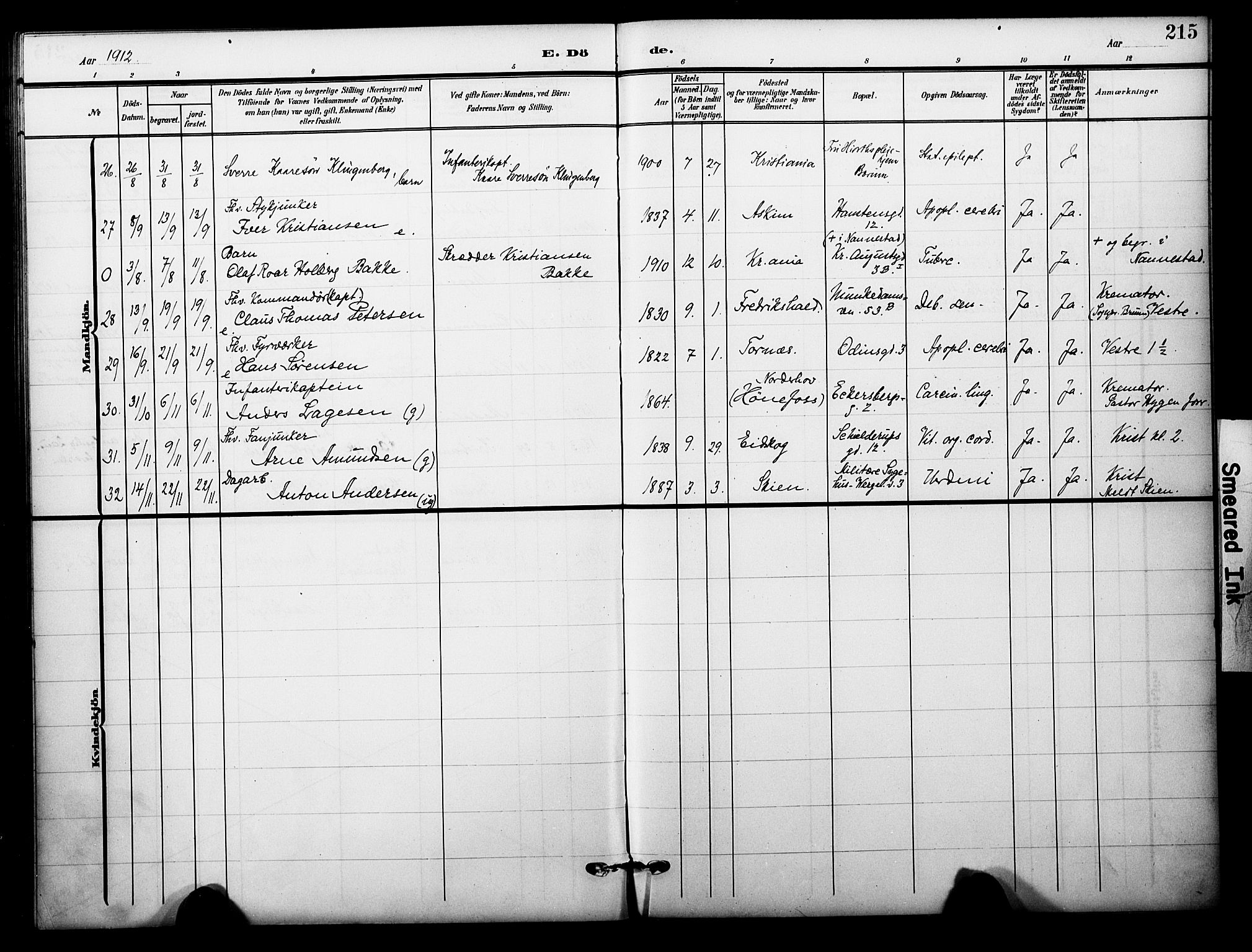 Garnisonsmenigheten Kirkebøker, AV/SAO-A-10846/F/Fa/L0014: Parish register (official) no. 14, 1905-1914, p. 215