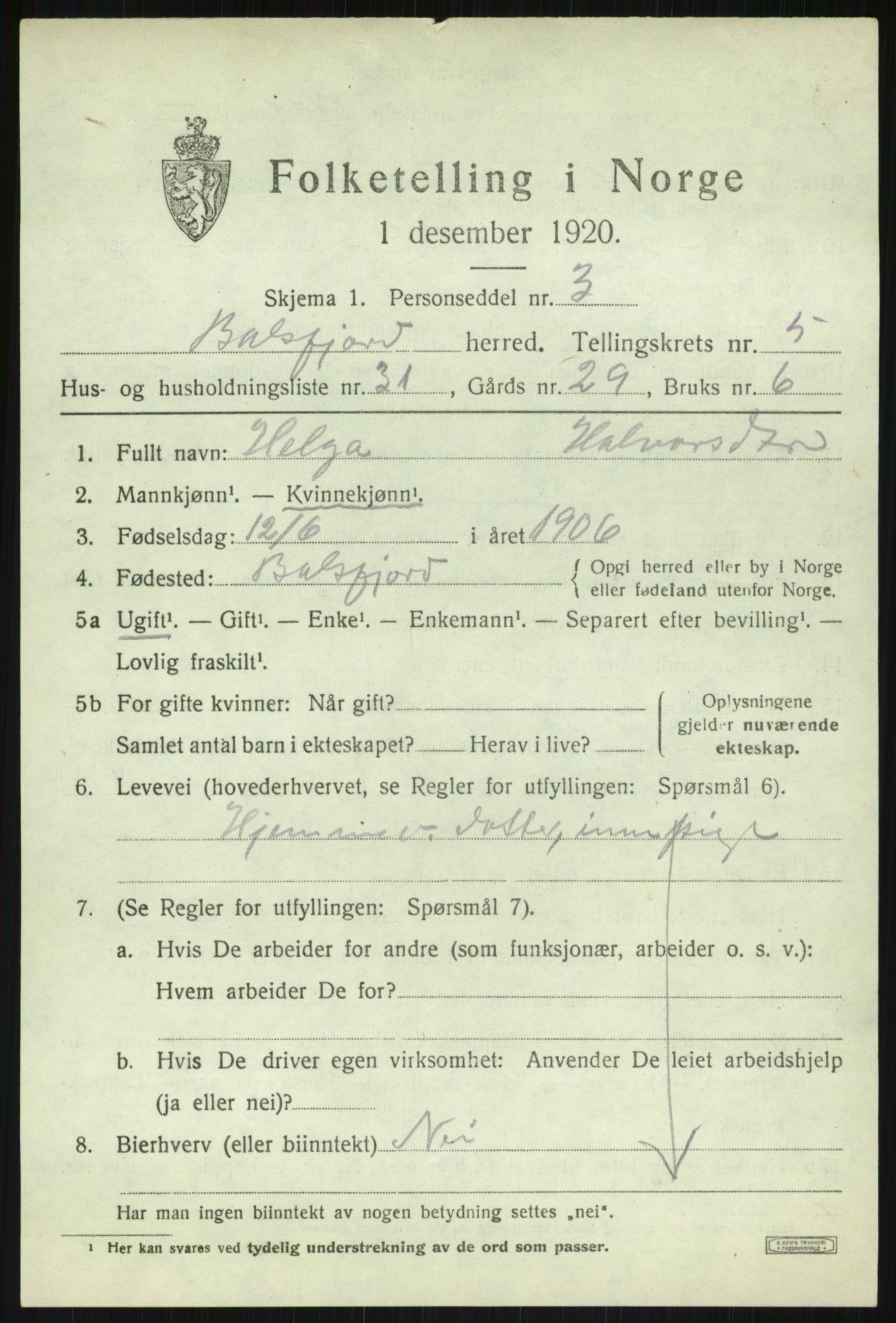 SATØ, 1920 census for Balsfjord, 1920, p. 3534