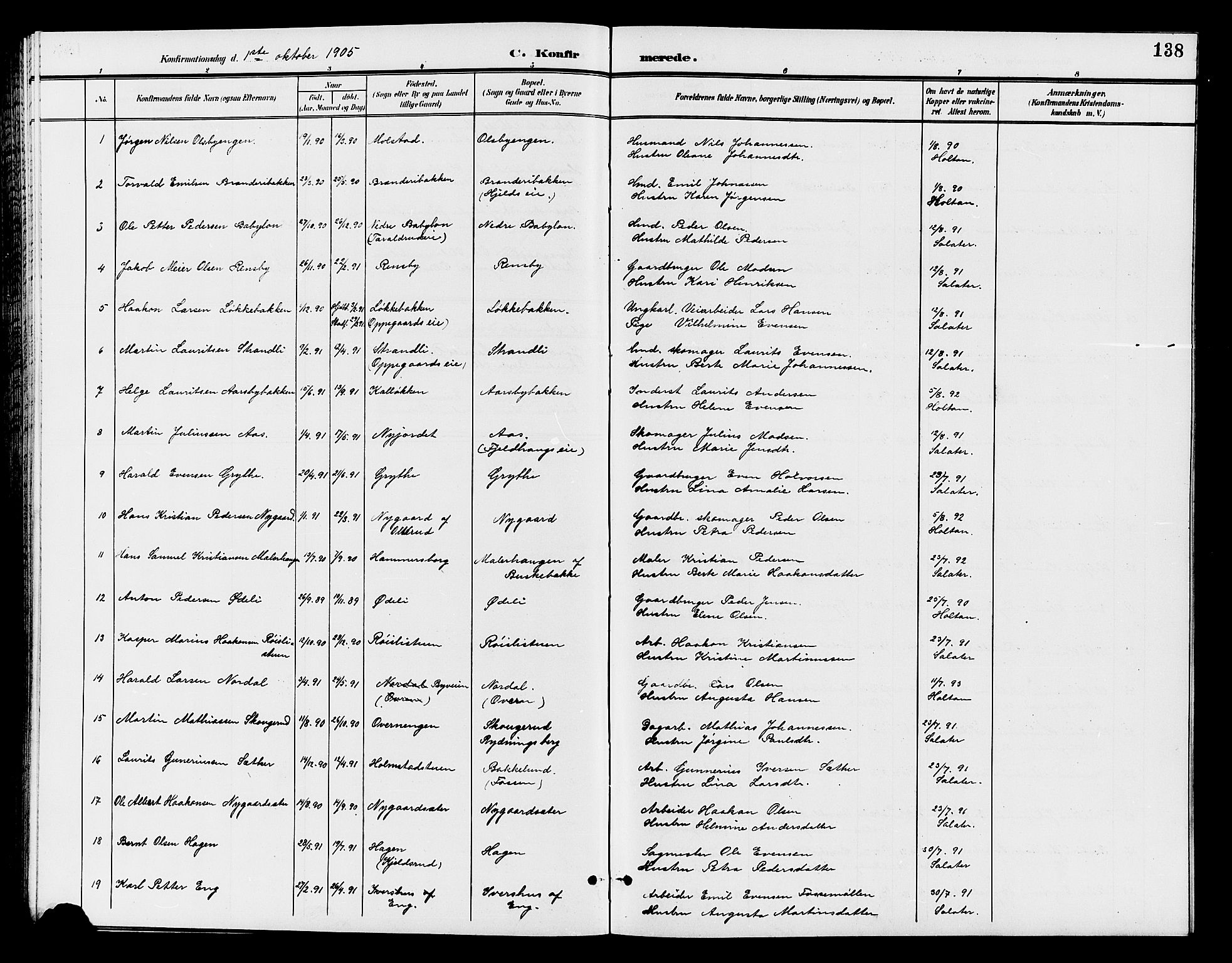 Østre Toten prestekontor, SAH/PREST-104/H/Ha/Hab/L0007: Parish register (copy) no. 7, 1901-1912, p. 138