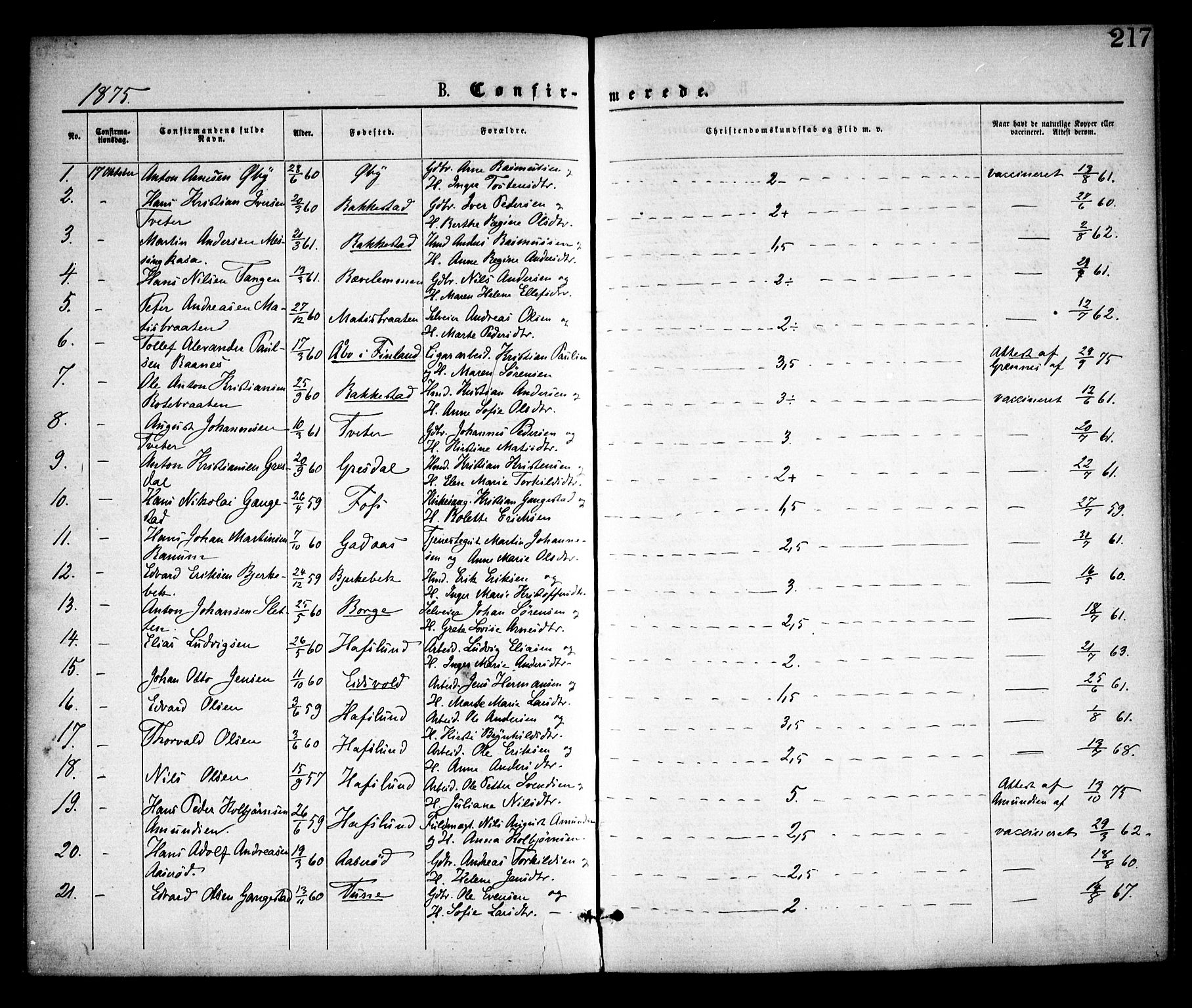 Skjeberg prestekontor Kirkebøker, AV/SAO-A-10923/F/Fa/L0008: Parish register (official) no. I 8, 1869-1885, p. 217