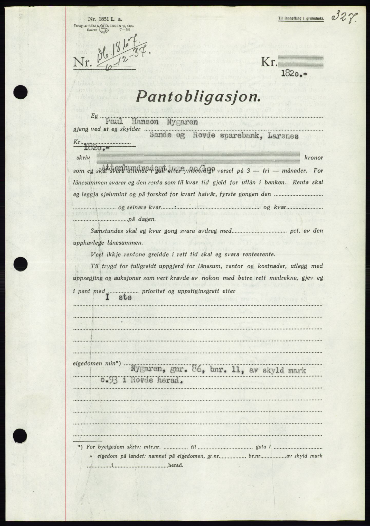 Søre Sunnmøre sorenskriveri, AV/SAT-A-4122/1/2/2C/L0064: Mortgage book no. 58, 1937-1938, Diary no: : 1867/1937