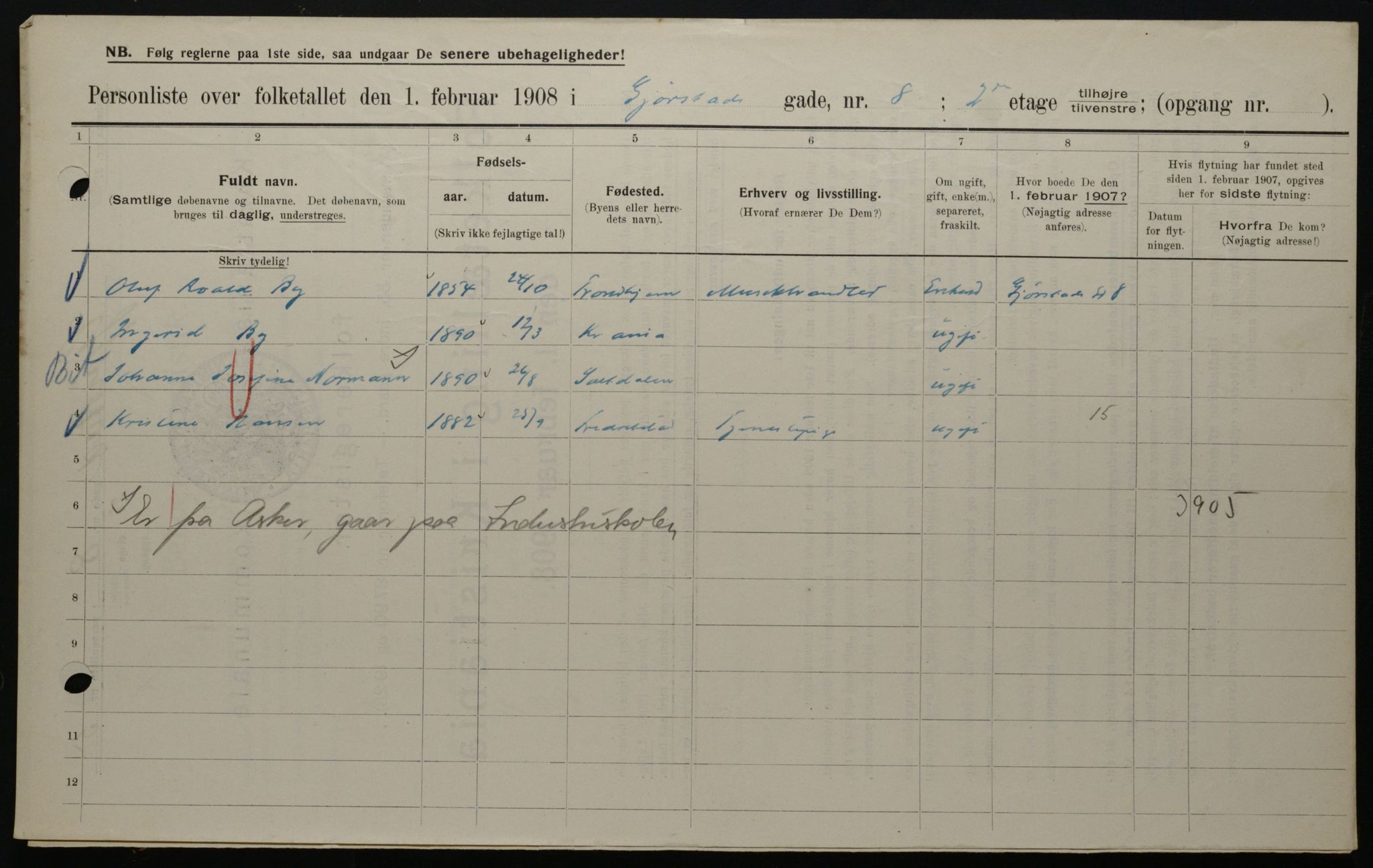 OBA, Municipal Census 1908 for Kristiania, 1908, p. 26416