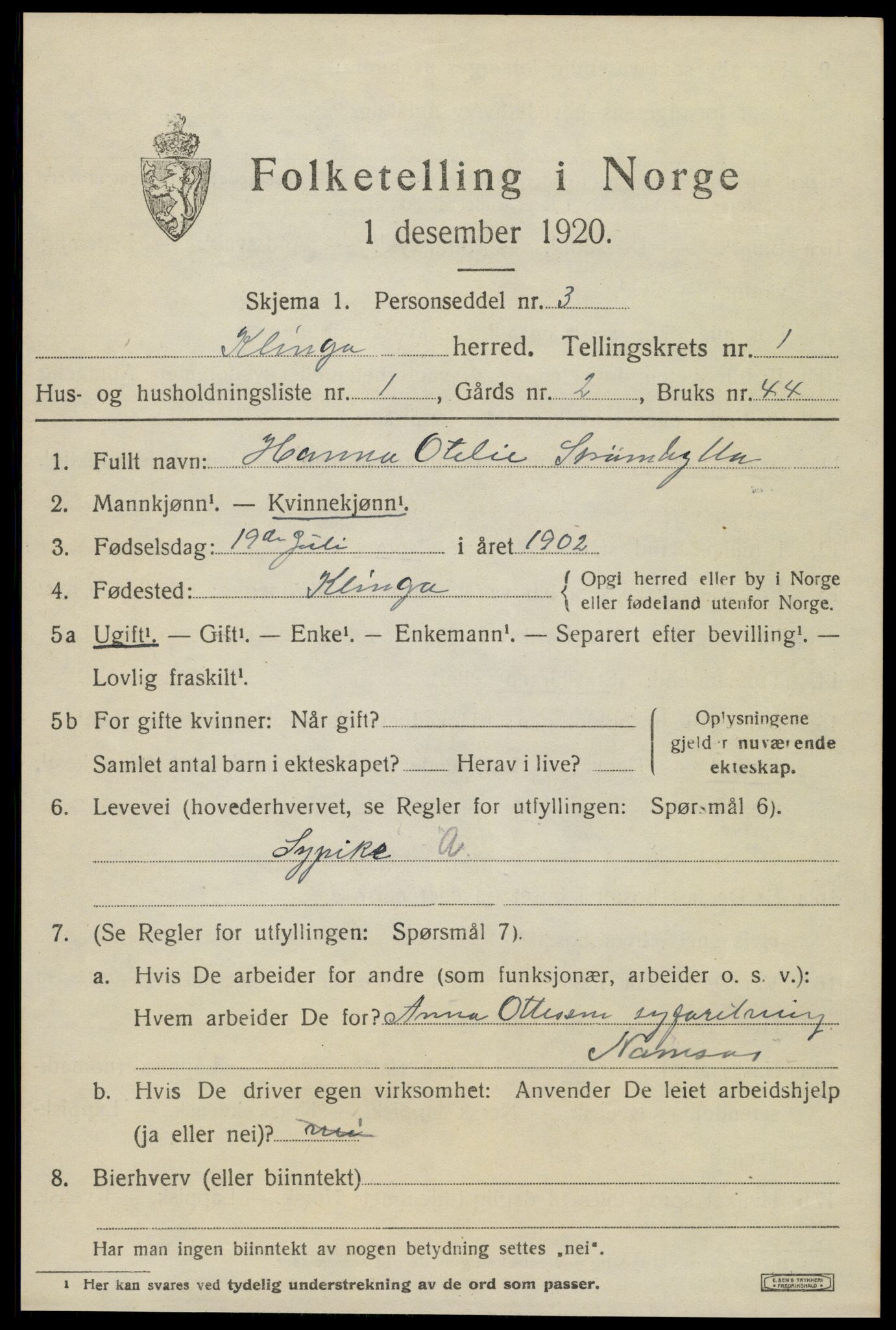 SAT, 1920 census for Klinga, 1920, p. 703