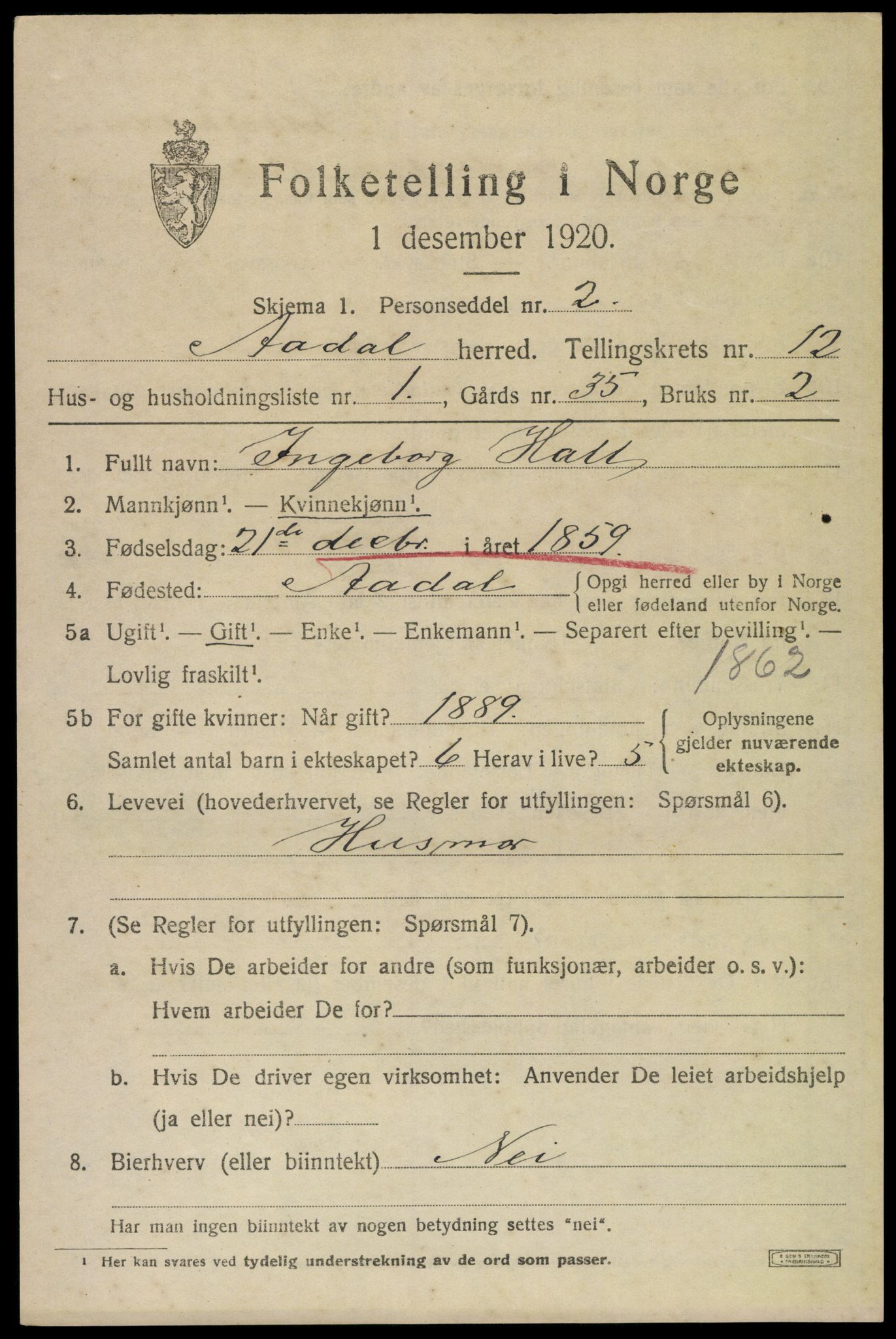 SAKO, 1920 census for Ådal, 1920, p. 6834