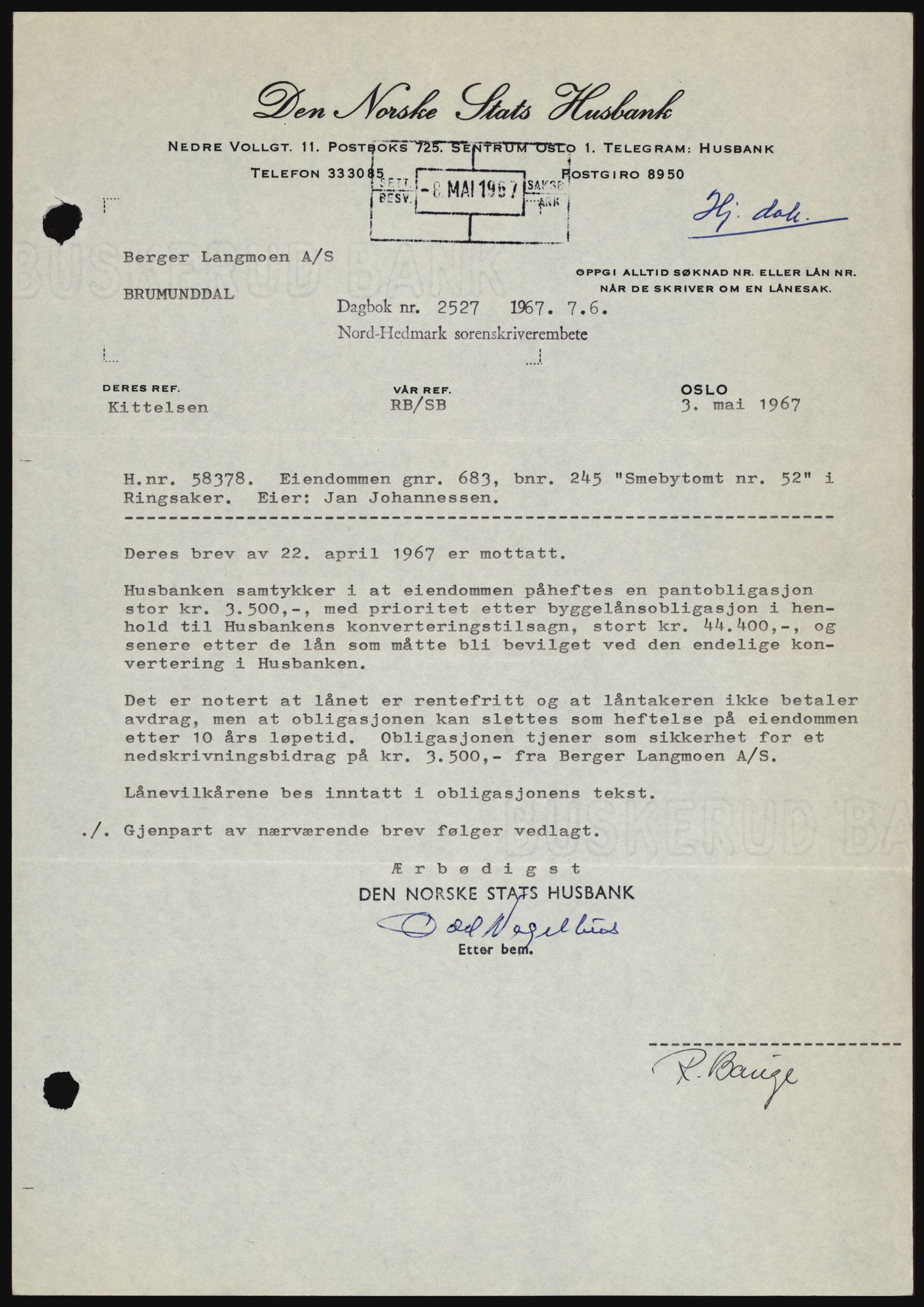 Nord-Hedmark sorenskriveri, SAH/TING-012/H/Hc/L0026: Mortgage book no. 26, 1967-1967, Diary no: : 2527/1967