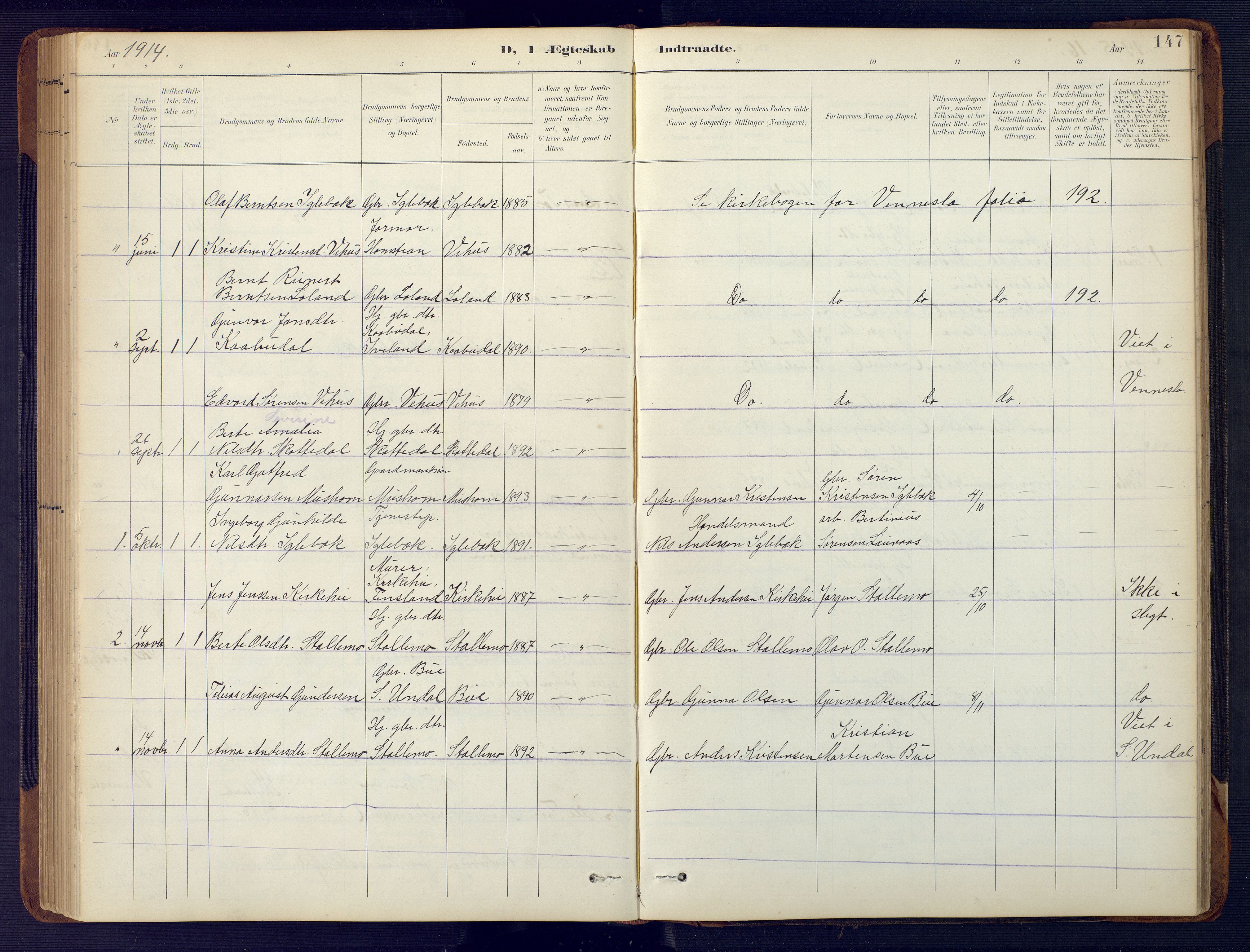 Vennesla sokneprestkontor, SAK/1111-0045/Fb/Fbc/L0003: Parish register (copy) no. B 3, 1895-1946, p. 147