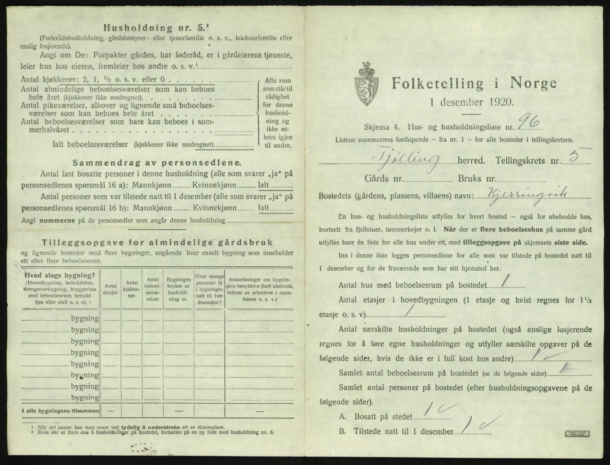 SAKO, 1920 census for Tjølling, 1920, p. 1377