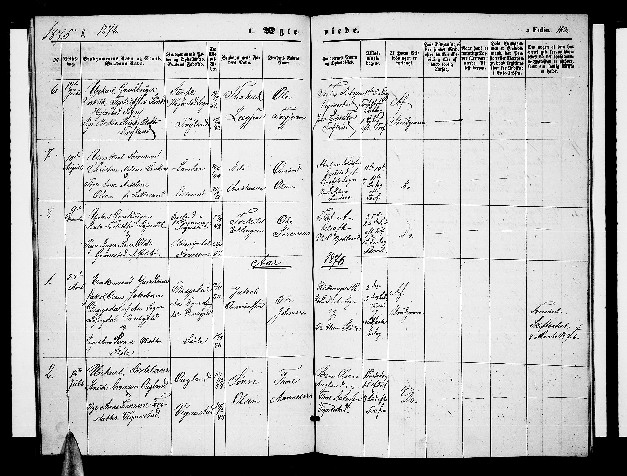 Nord-Audnedal sokneprestkontor, AV/SAK-1111-0032/F/Fb/Fbb/L0002: Parish register (copy) no. B 2, 1859-1882, p. 162