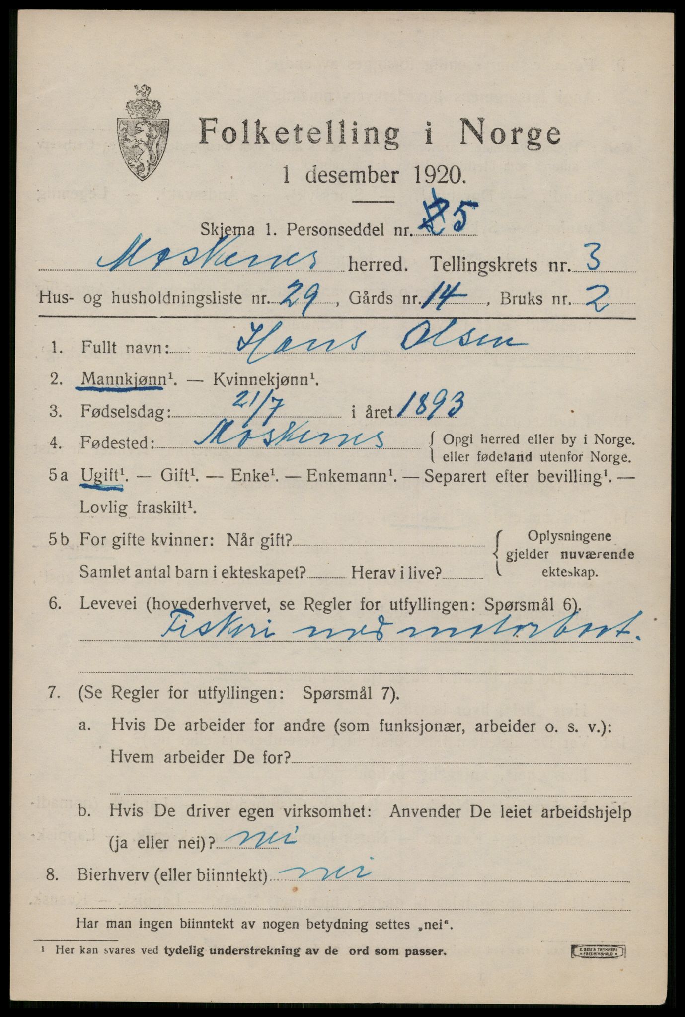 SAT, 1920 census for Moskenes, 1920, p. 2078