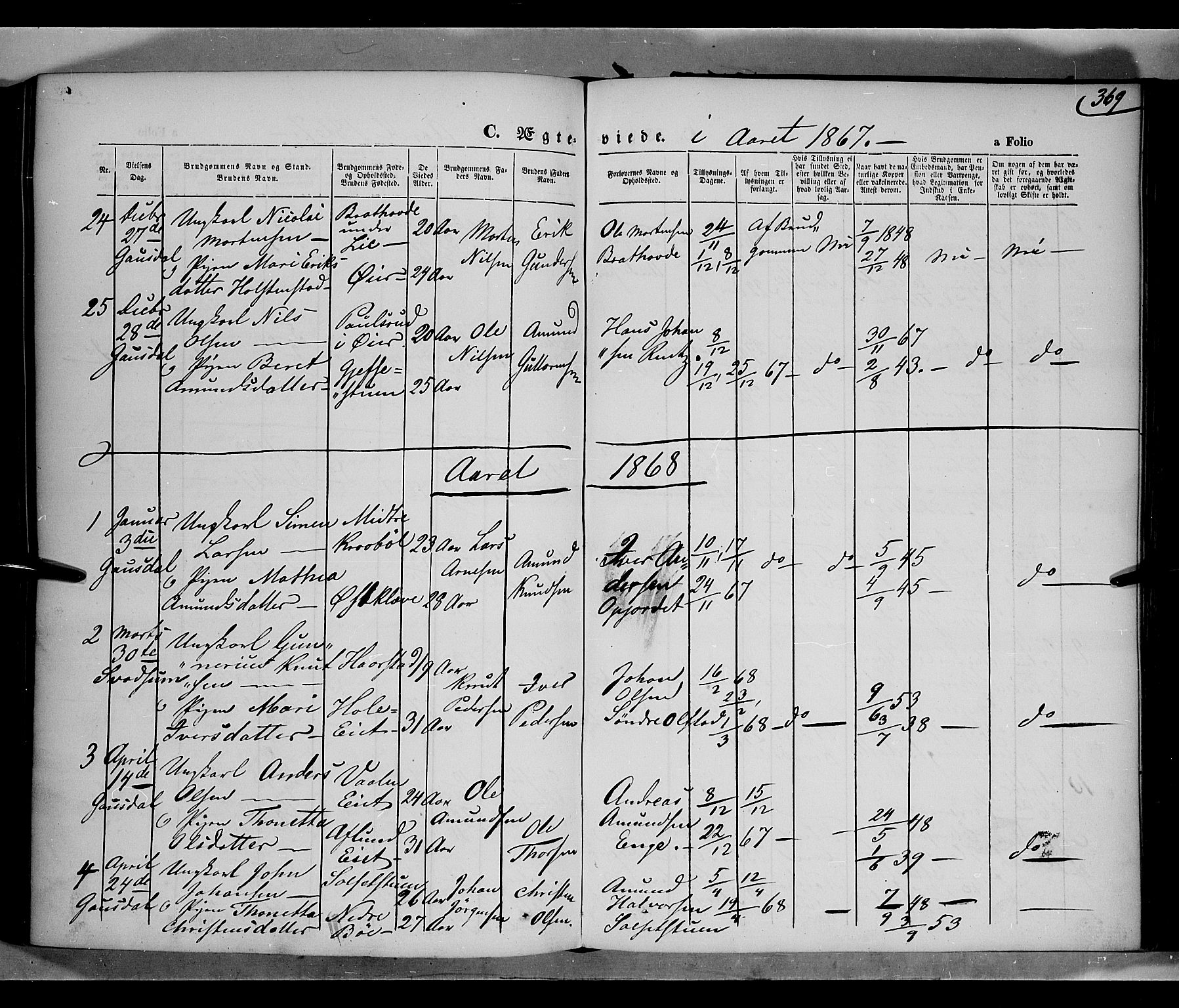 Gausdal prestekontor, SAH/PREST-090/H/Ha/Haa/L0009: Parish register (official) no. 9, 1862-1873, p. 369