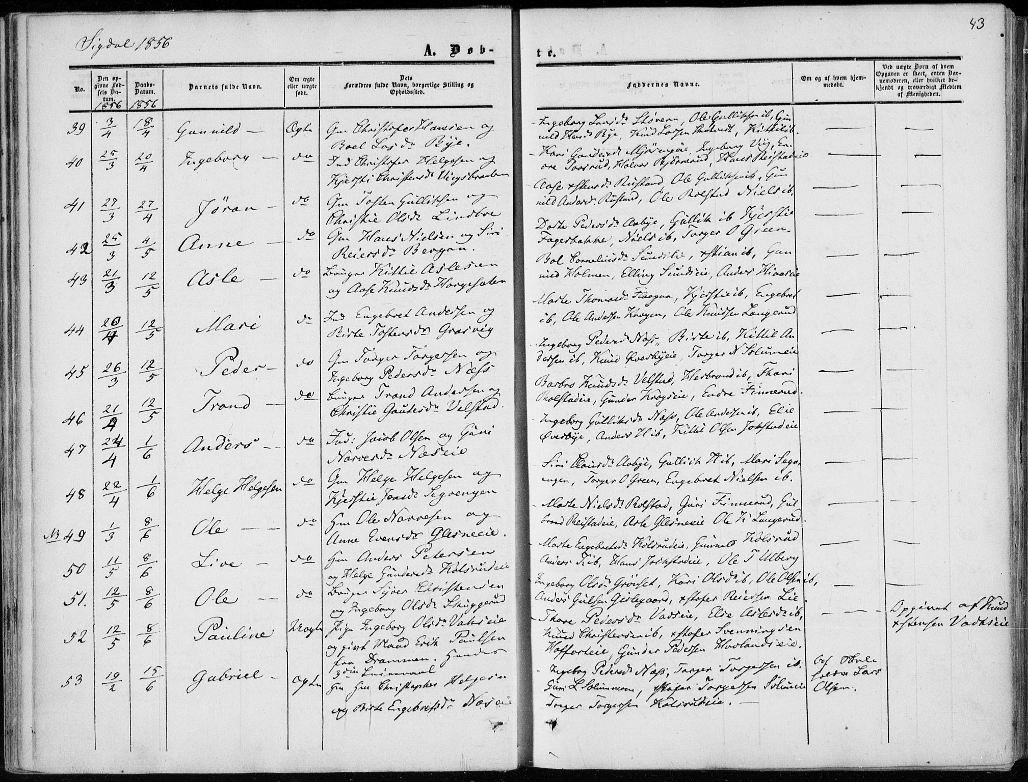 Sigdal kirkebøker, AV/SAKO-A-245/F/Fa/L0008: Parish register (official) no. I 8, 1850-1859, p. 43