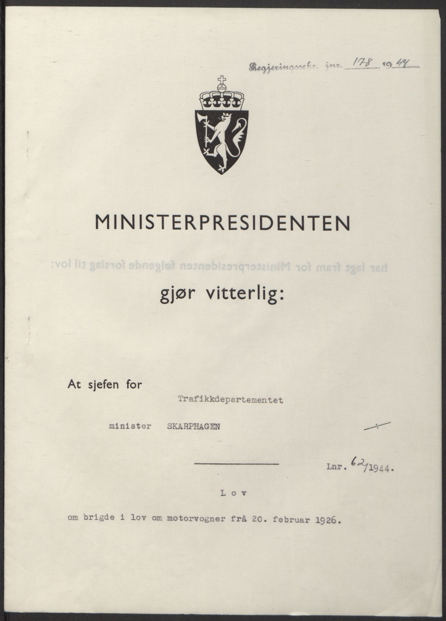 NS-administrasjonen 1940-1945 (Statsrådsekretariatet, de kommisariske statsråder mm), RA/S-4279/D/Db/L0100: Lover, 1944, p. 294