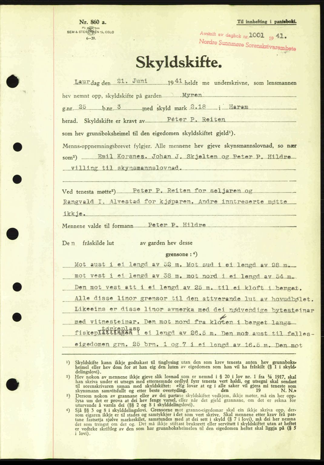 Nordre Sunnmøre sorenskriveri, AV/SAT-A-0006/1/2/2C/2Ca: Mortgage book no. A11, 1941-1941, Diary no: : 1001/1941