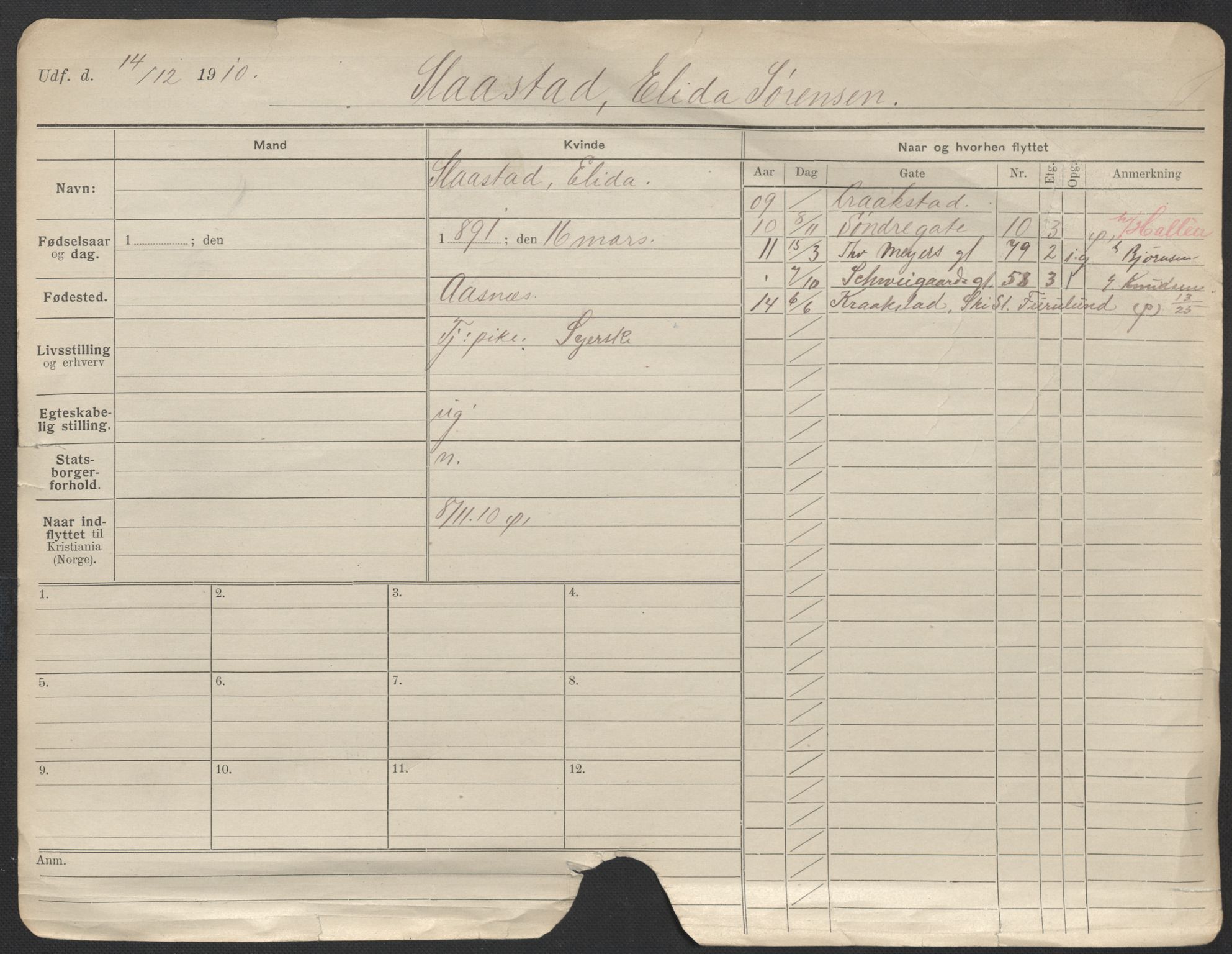 Oslo folkeregister, Registerkort, AV/SAO-A-11715/F/Fa/Fac/L0024: Kvinner, 1906-1914, p. 1a