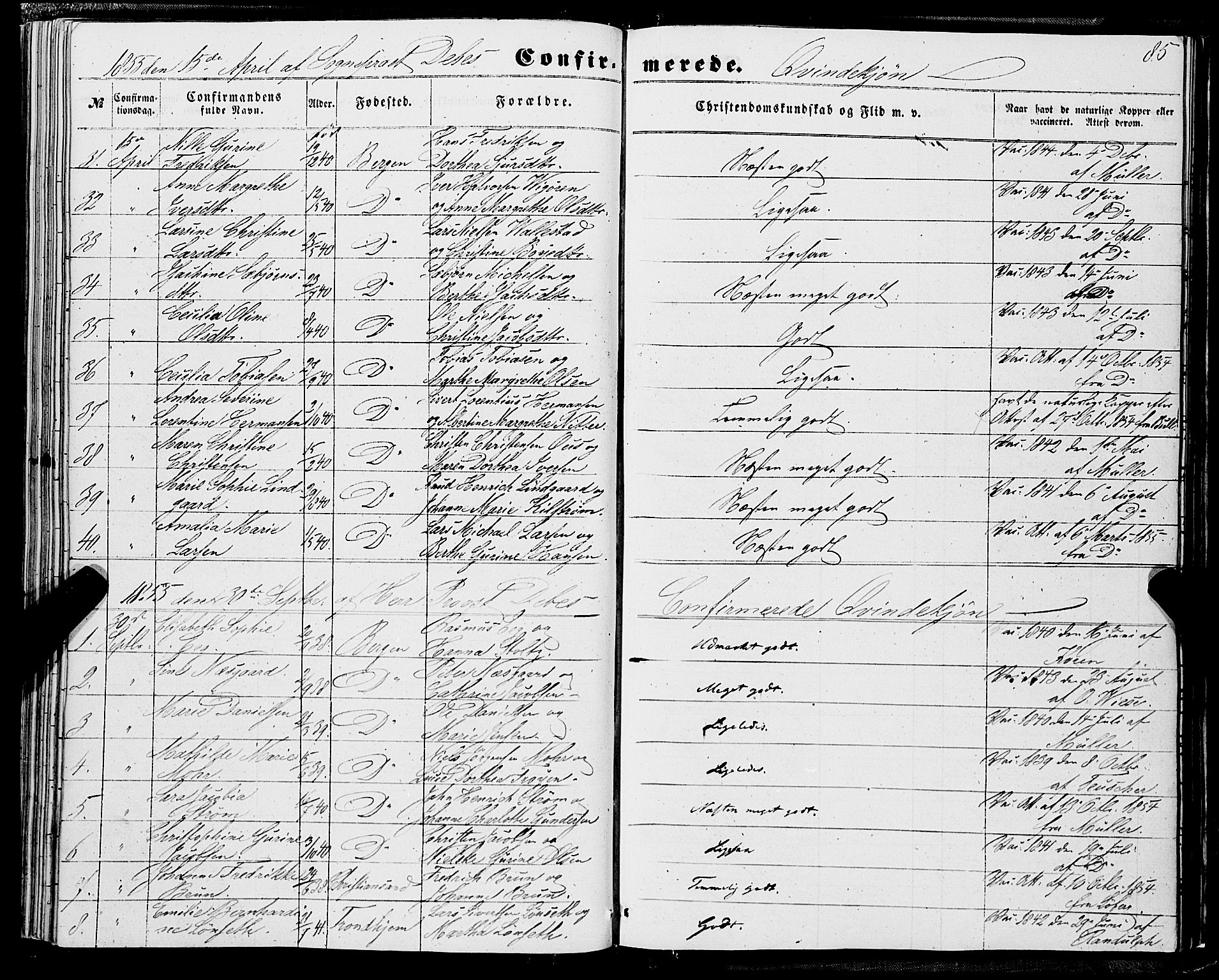 Domkirken sokneprestembete, SAB/A-74801/H/Haa/L0028: Parish register (official) no. C 3, 1852-1864, p. 85