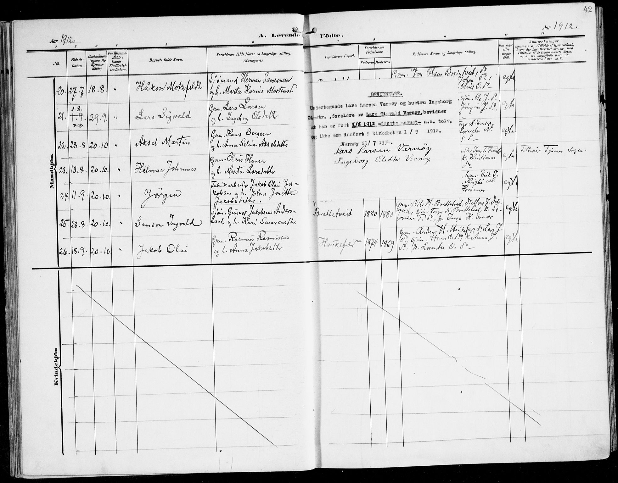 Tysnes sokneprestembete, SAB/A-78601/H/Haa: Parish register (official) no. D 2, 1905-1922, p. 42