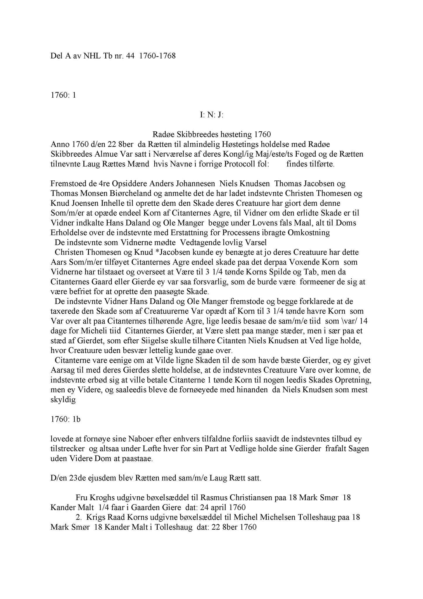 Samling av fulltekstavskrifter, SAB/FULLTEKST/A/12/0146: Nordhordland sorenskriveri, tingbok nr. A 44, 1760-1768