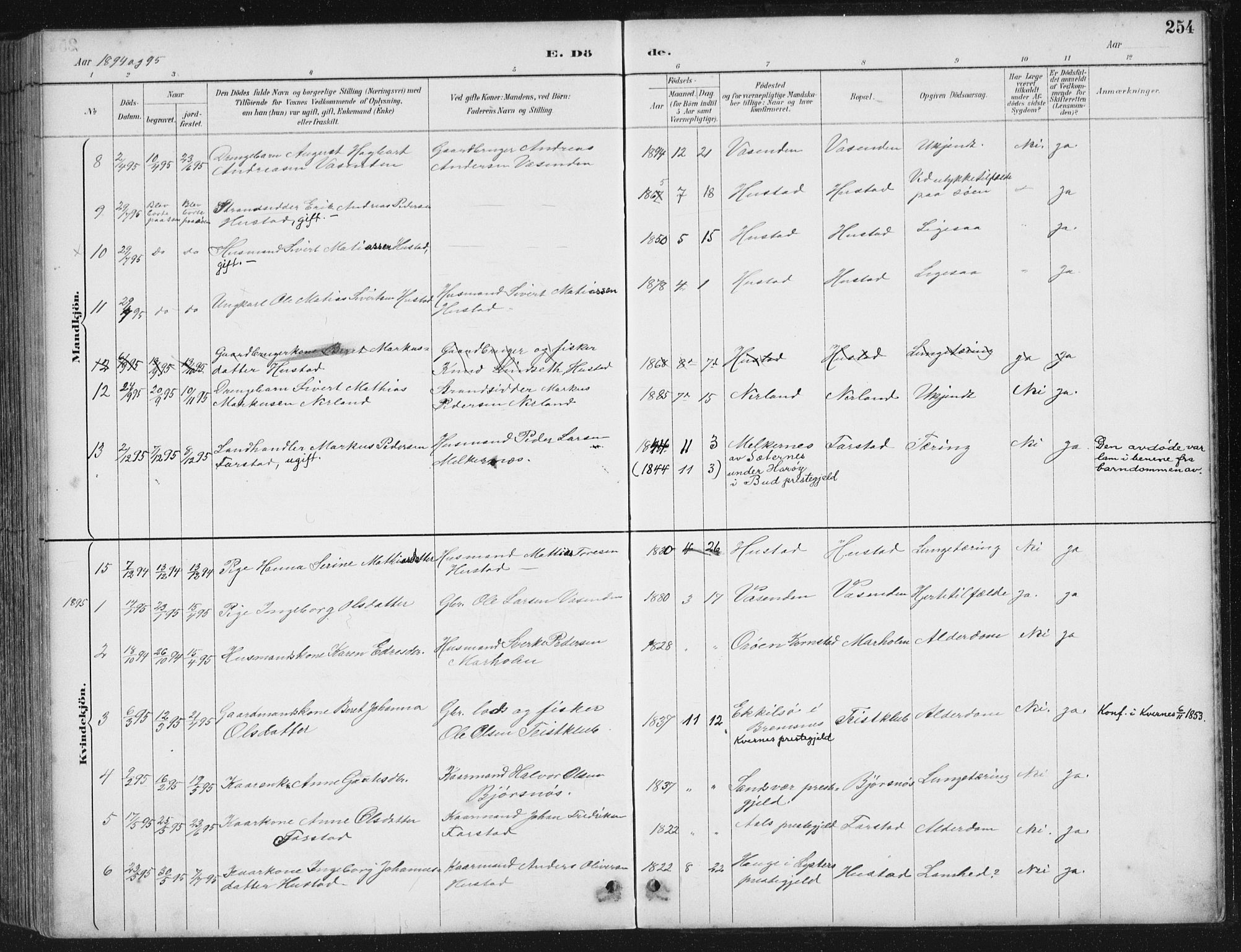 Ministerialprotokoller, klokkerbøker og fødselsregistre - Møre og Romsdal, AV/SAT-A-1454/567/L0783: Parish register (copy) no. 567C03, 1887-1903, p. 254