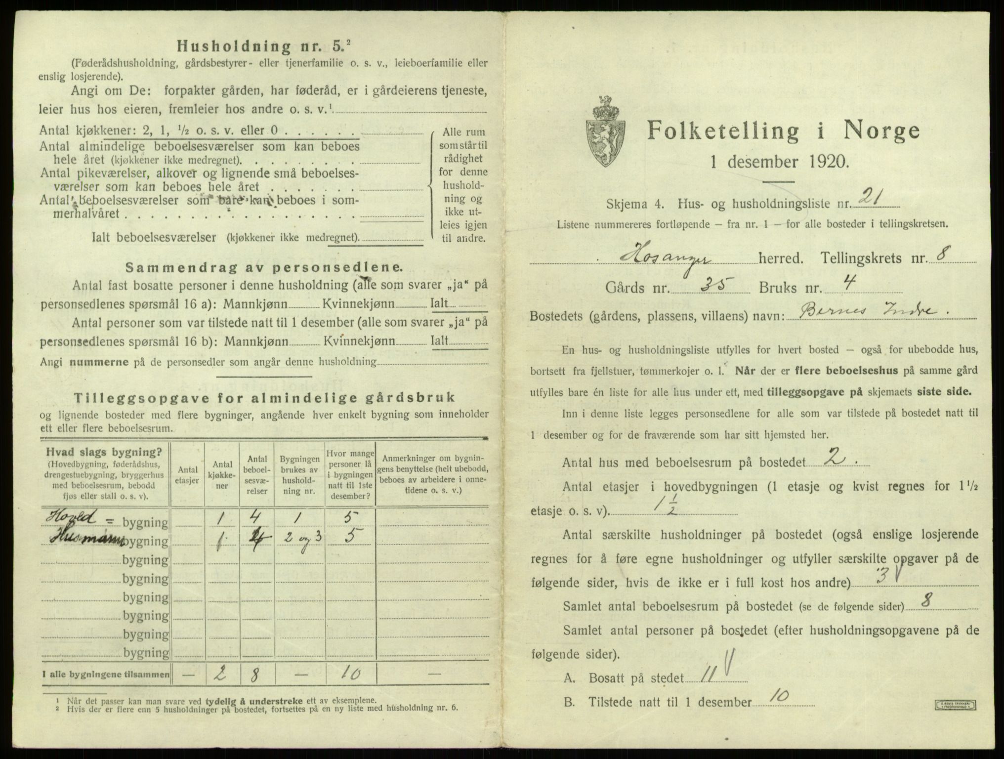 SAB, 1920 census for Hosanger, 1920, p. 466