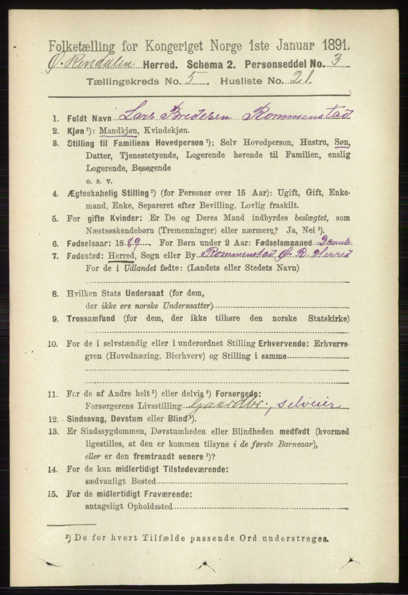 RA, 1891 census for 0433 Øvre Rendal, 1891, p. 1449