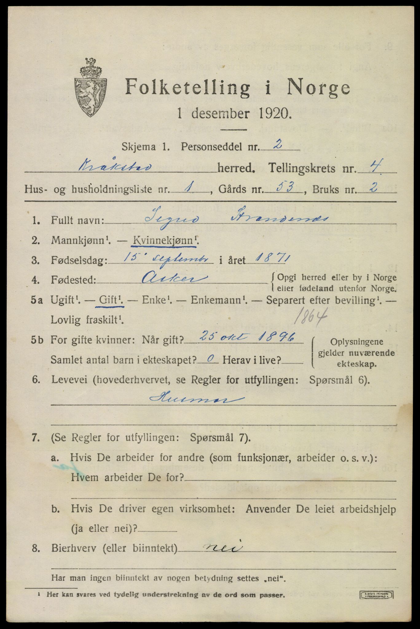 SAO, 1920 census for Kråkstad, 1920, p. 4165