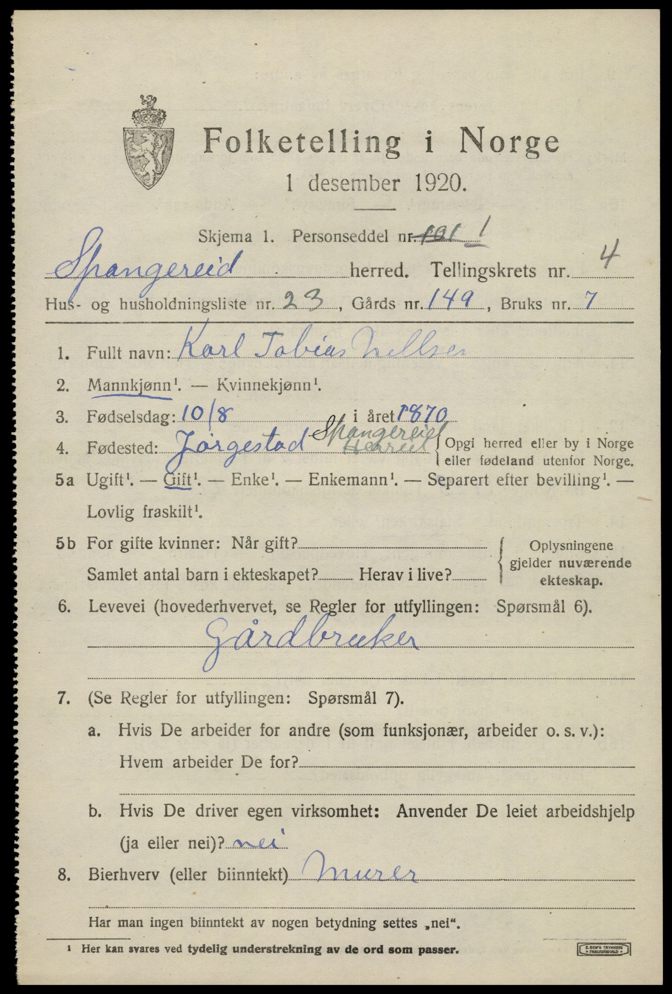 SAK, 1920 census for Spangereid, 1920, p. 1719