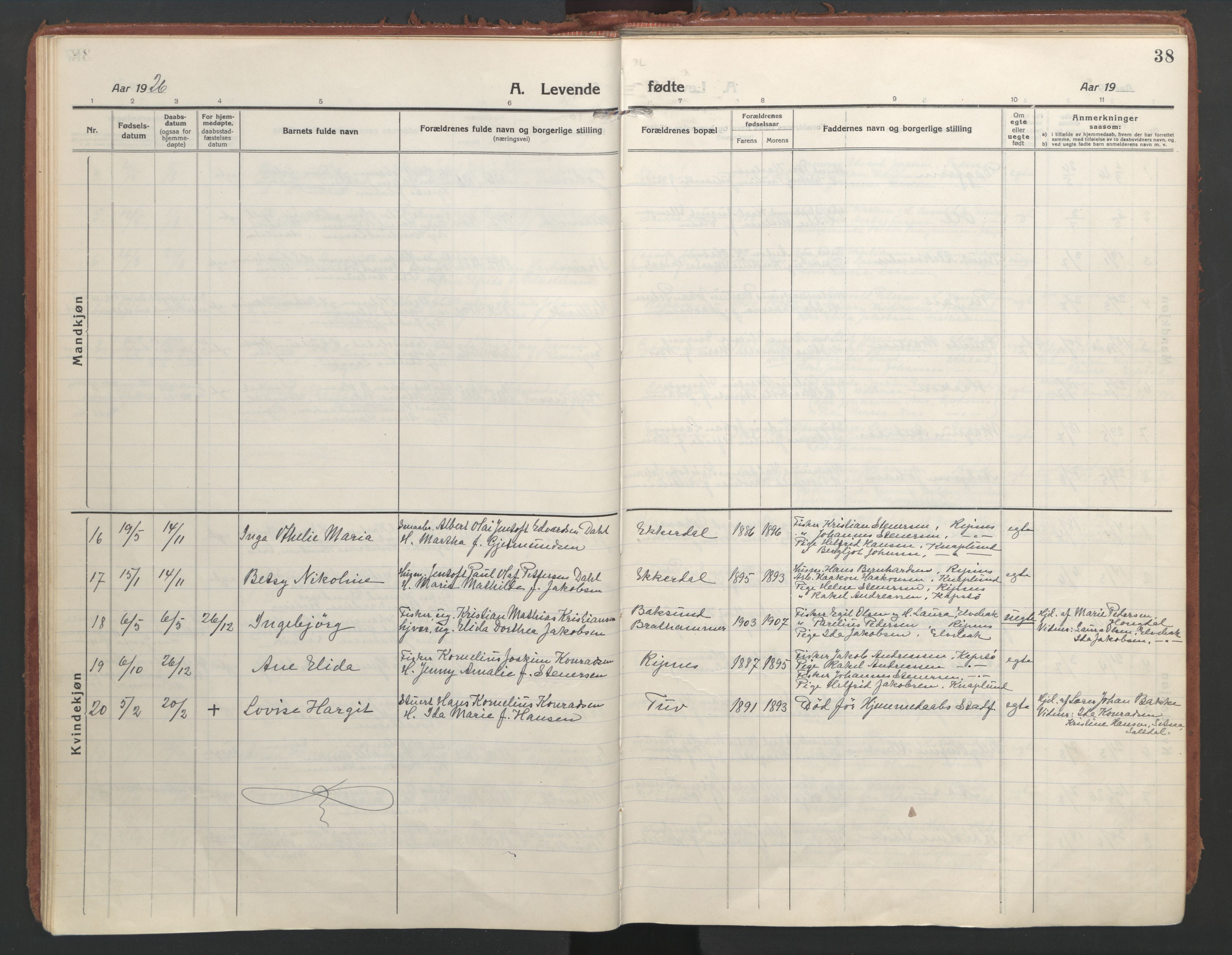 Ministerialprotokoller, klokkerbøker og fødselsregistre - Nordland, AV/SAT-A-1459/804/L0086: Parish register (official) no. 804A07, 1916-1935, p. 38