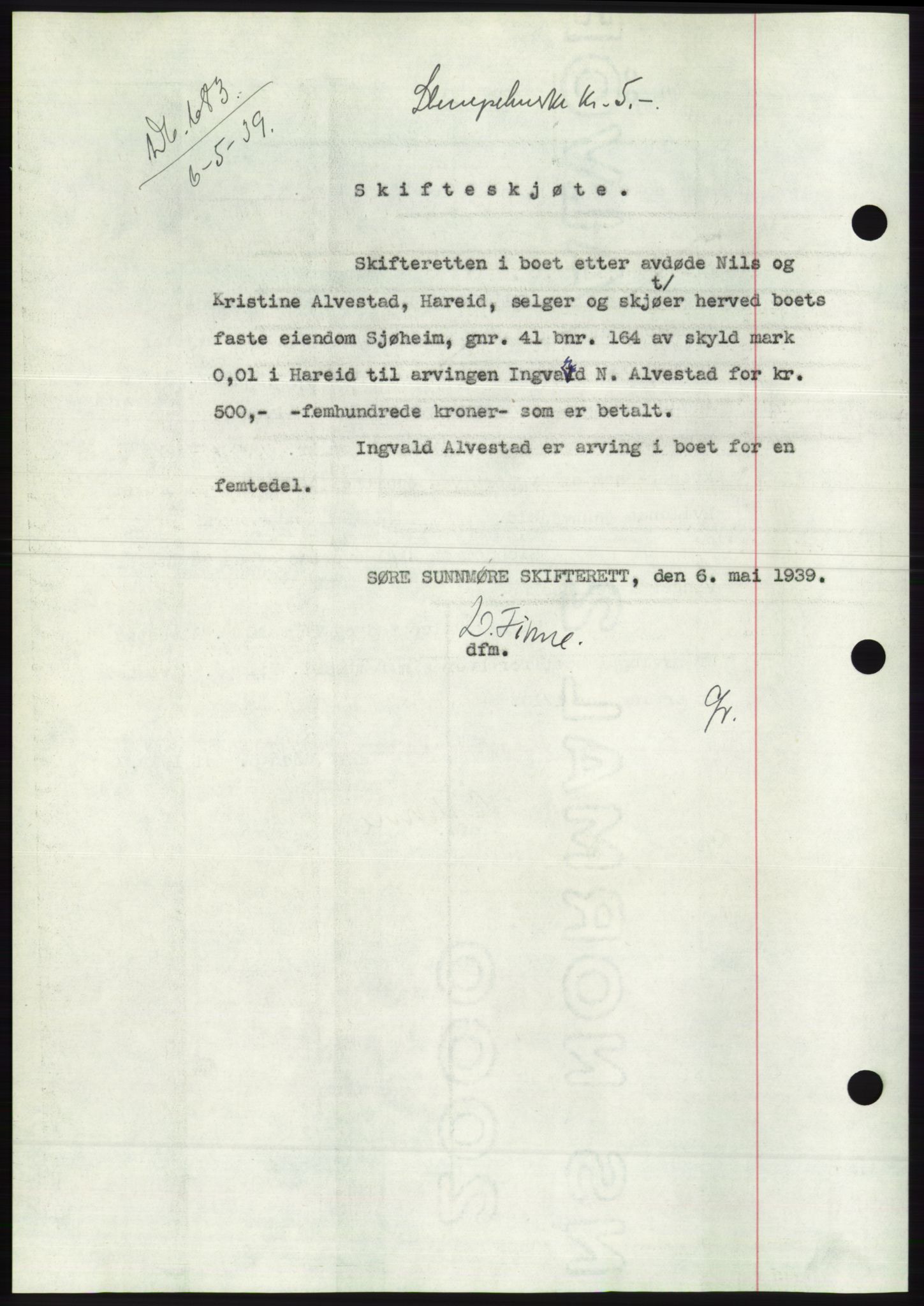 Søre Sunnmøre sorenskriveri, AV/SAT-A-4122/1/2/2C/L0068: Mortgage book no. 62, 1939-1939, Diary no: : 683/1939