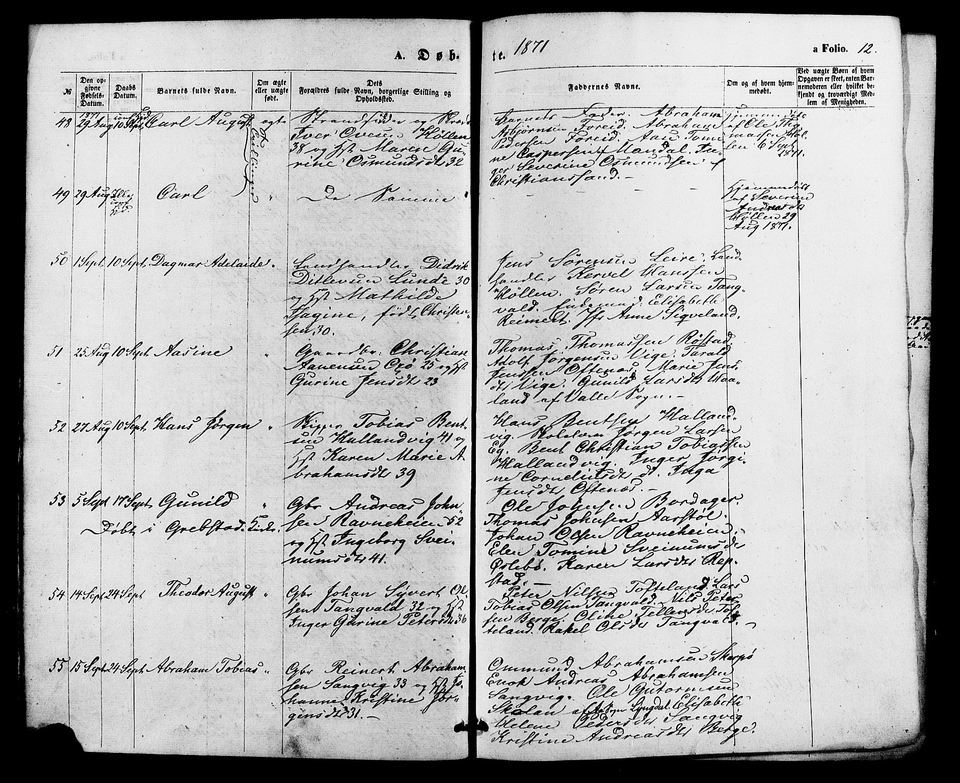 Søgne sokneprestkontor, AV/SAK-1111-0037/F/Fa/Fab/L0011: Parish register (official) no. A 11, 1869-1879, p. 12