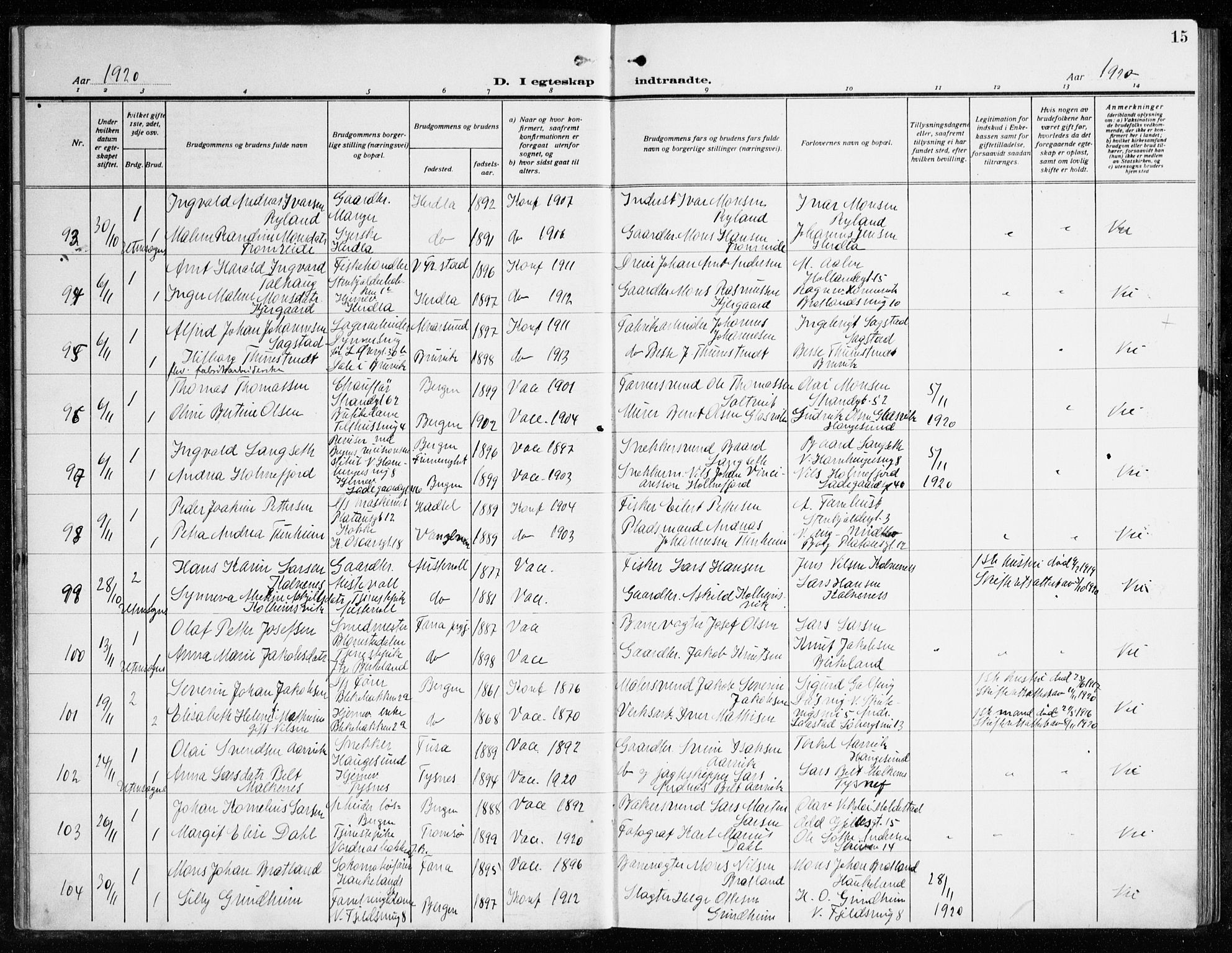 Korskirken sokneprestembete, SAB/A-76101/H/Haa/L0039: Parish register (official) no. D 6, 1919-1938, p. 15