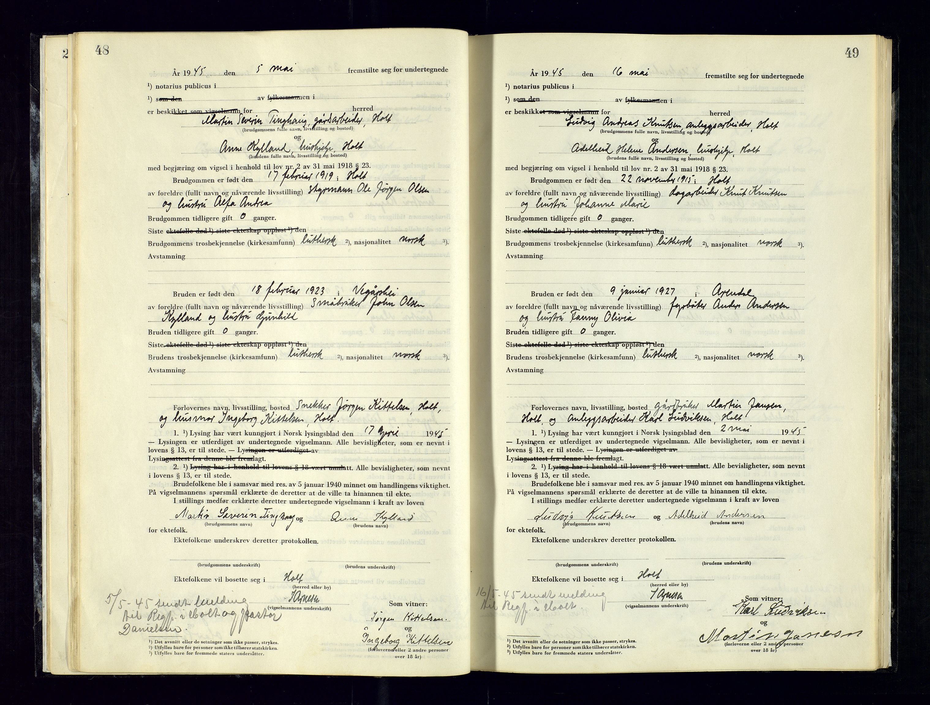 Holt sorenskriveri, AV/SAK-1221-0002/L/Ld/L0003: Vigselbok nr. 2, 1944-1964, p. 48-49