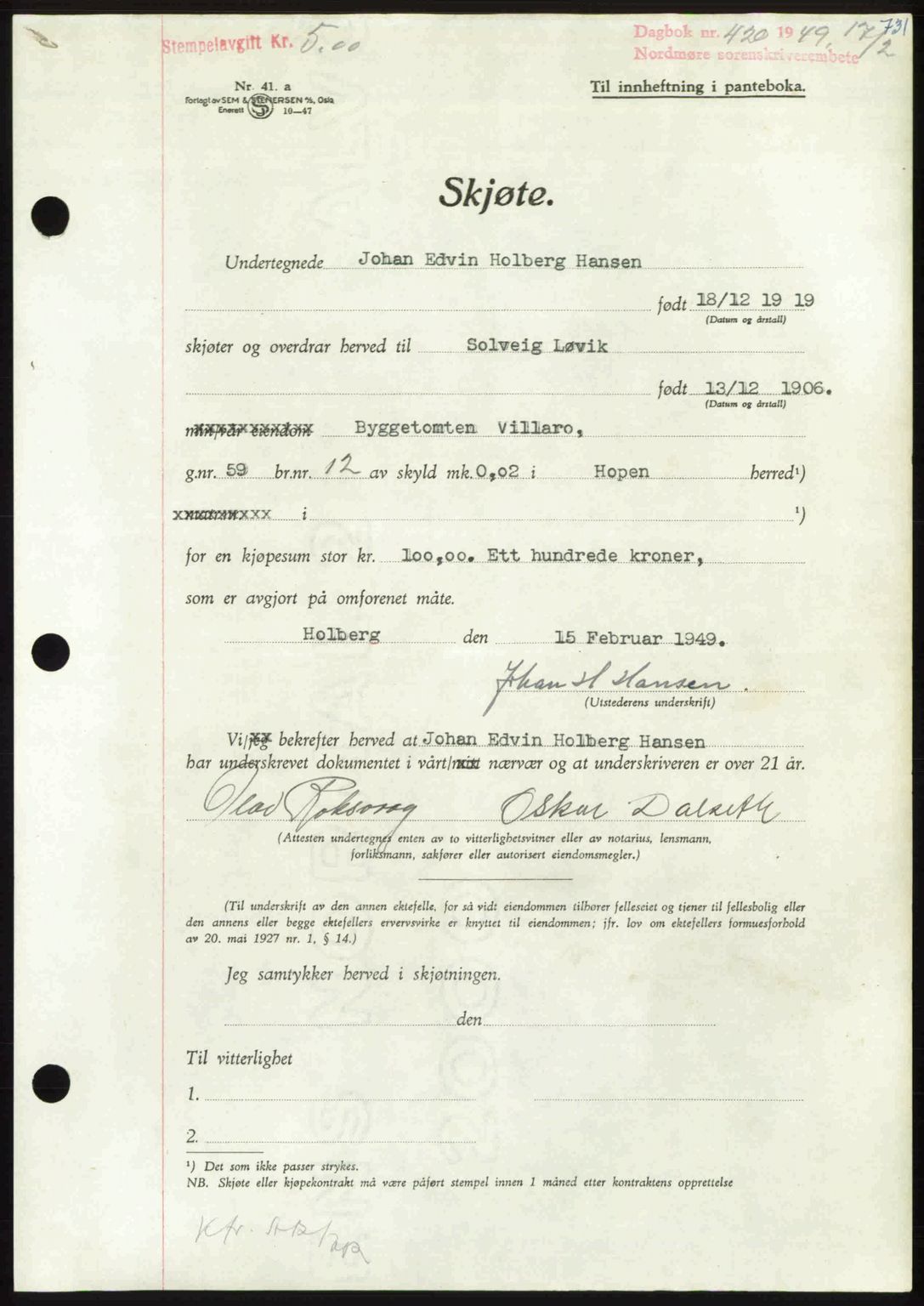 Nordmøre sorenskriveri, AV/SAT-A-4132/1/2/2Ca: Mortgage book no. A110, 1948-1949, Diary no: : 420/1949