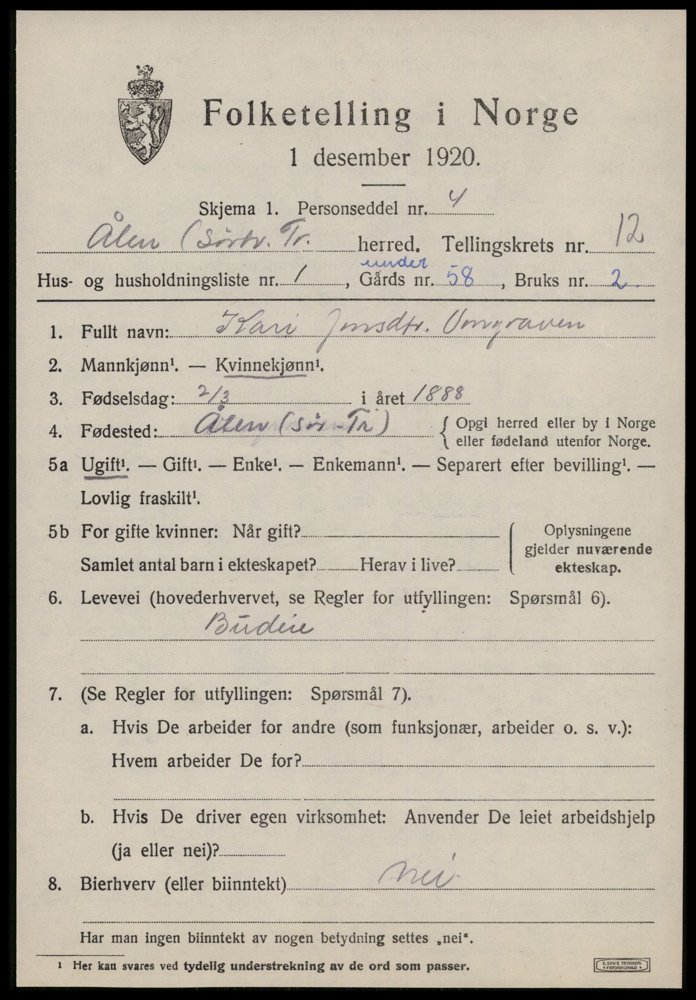 SAT, 1920 census for Ålen, 1920, p. 5726