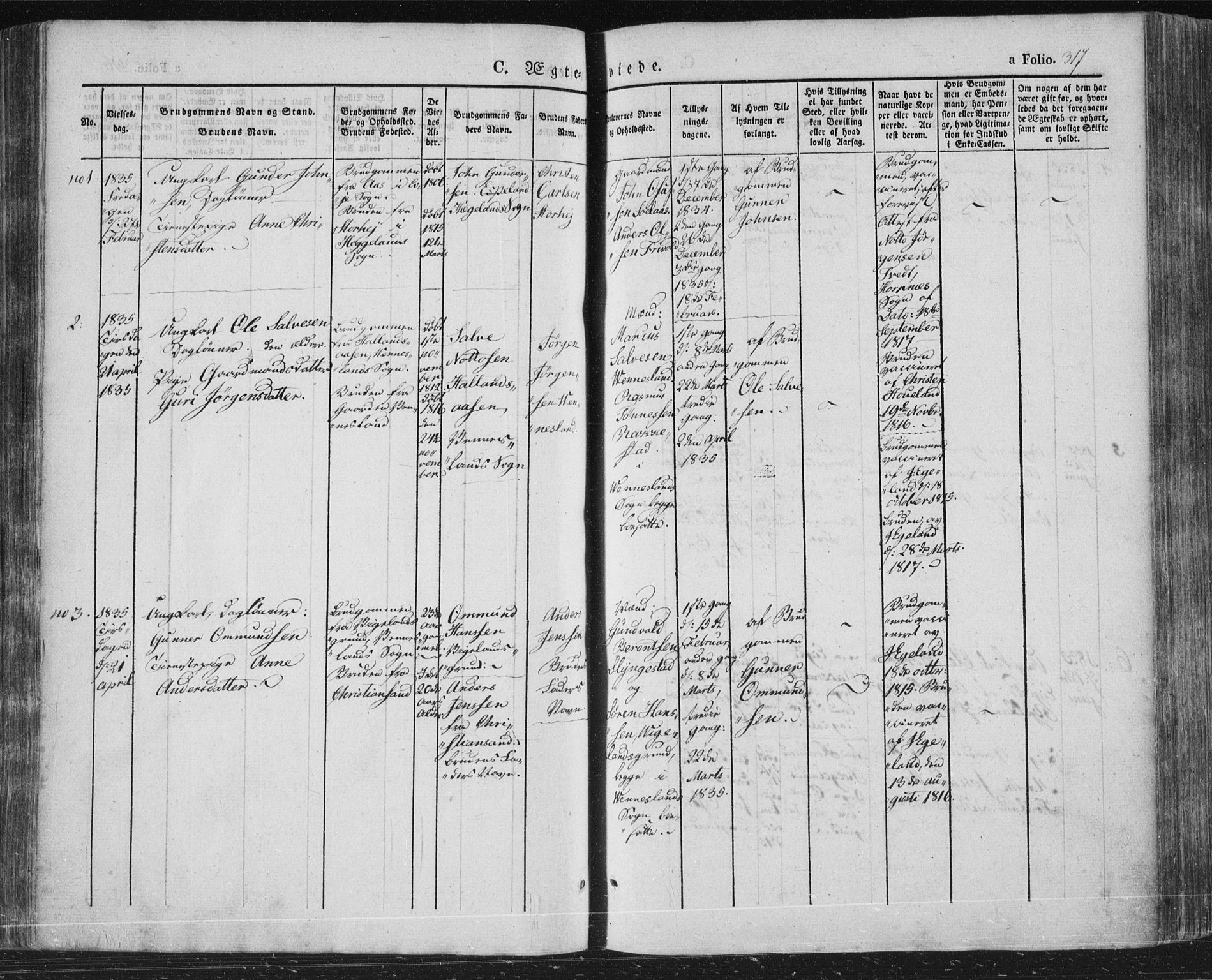 Vennesla sokneprestkontor, SAK/1111-0045/Fa/Fac/L0004: Parish register (official) no. A 4, 1834-1855, p. 317