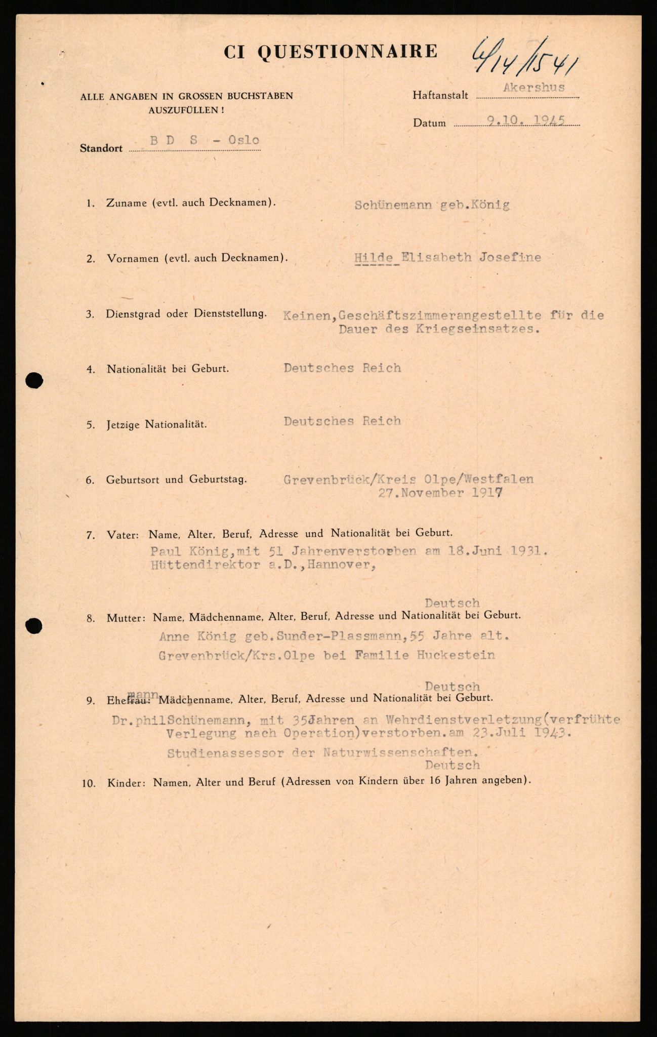 Forsvaret, Forsvarets overkommando II, RA/RAFA-3915/D/Db/L0031: CI Questionaires. Tyske okkupasjonsstyrker i Norge. Tyskere., 1945-1946, p. 262