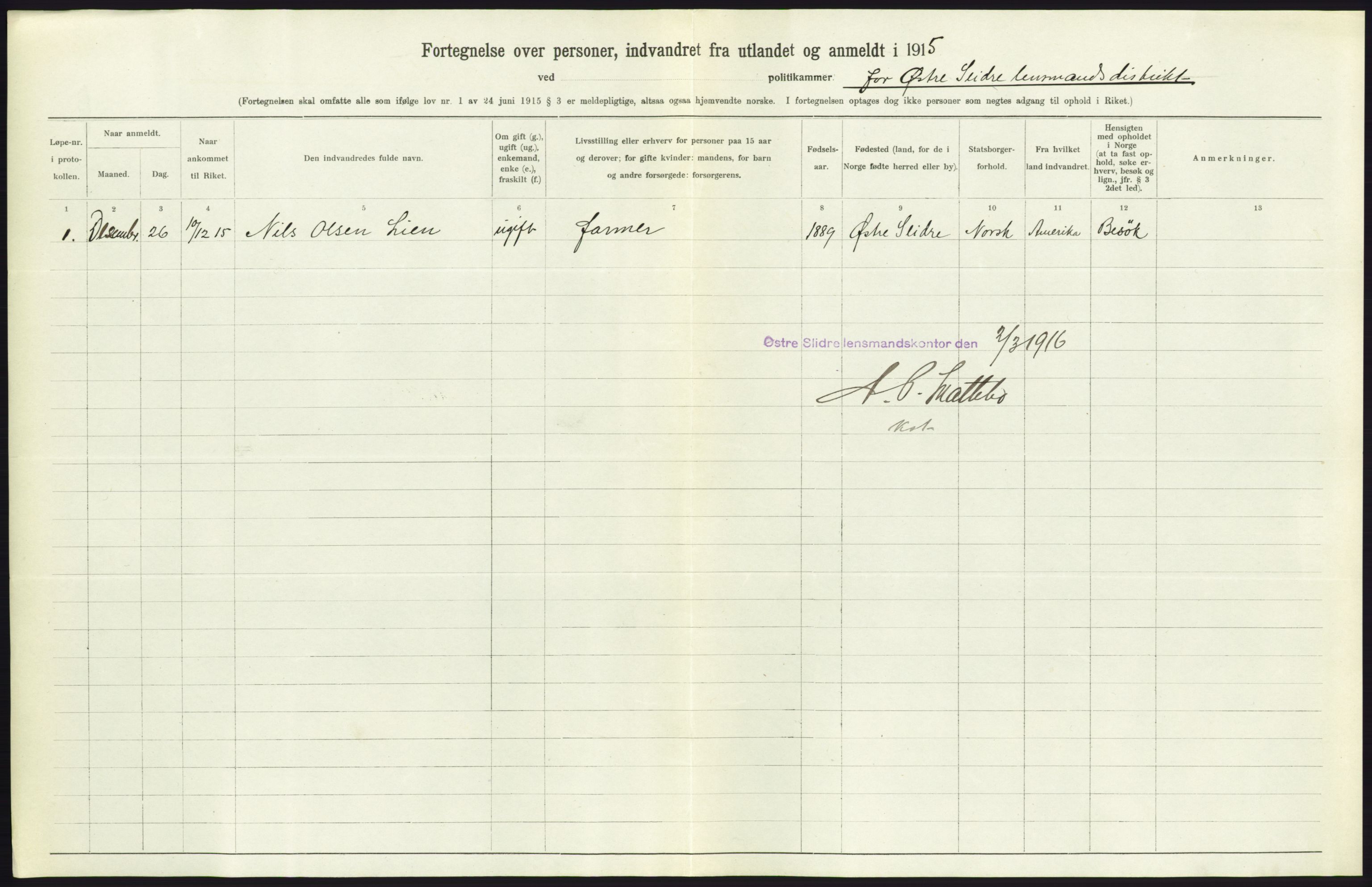 Statistisk sentralbyrå, Sosioøkonomiske emner, Folketellinger, boliger og boforhold, AV/RA-S-2231/F/Fa/L0001: Innvandring. Navn/fylkesvis, 1915, p. 312