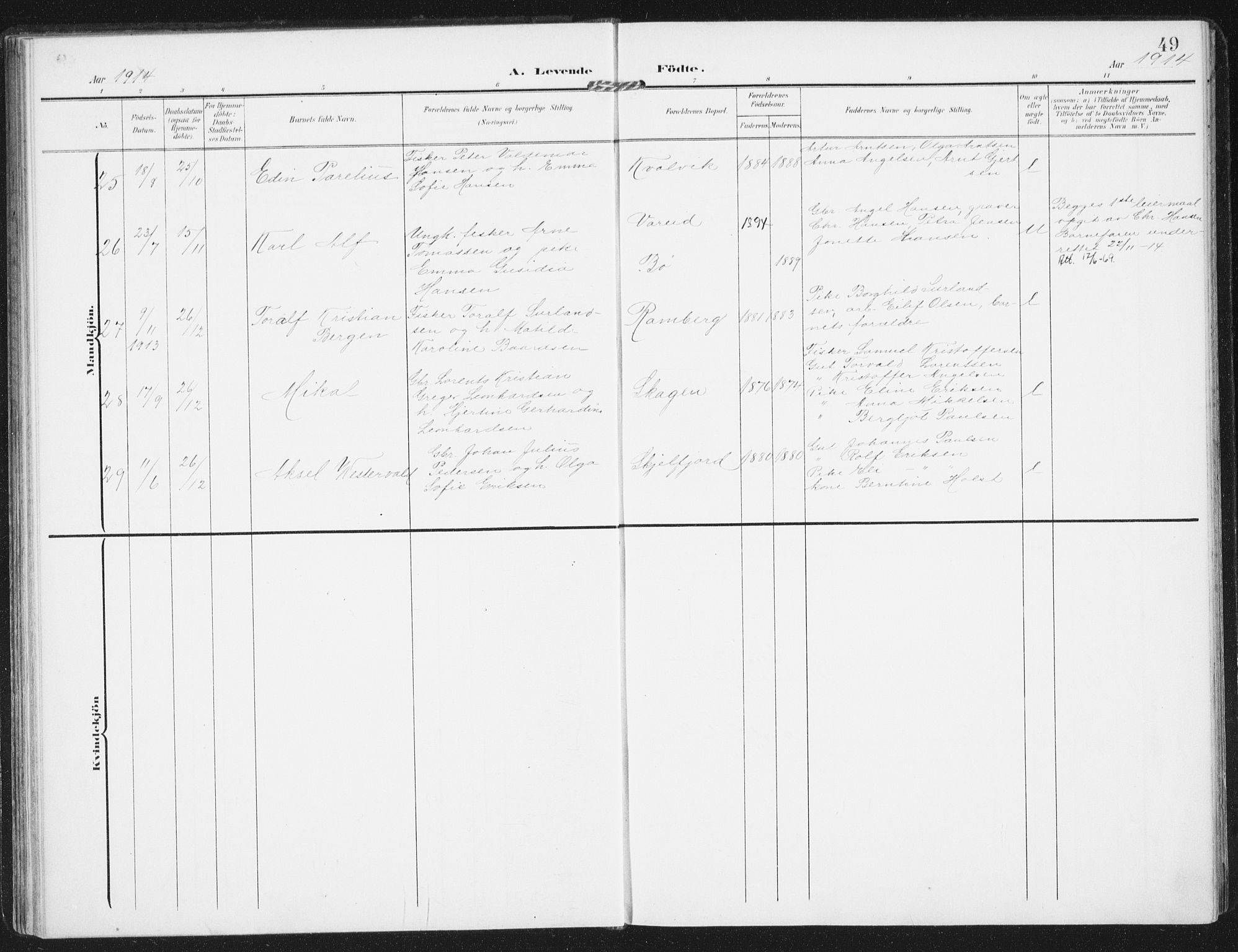 Ministerialprotokoller, klokkerbøker og fødselsregistre - Nordland, AV/SAT-A-1459/885/L1206: Parish register (official) no. 885A07, 1905-1915, p. 49