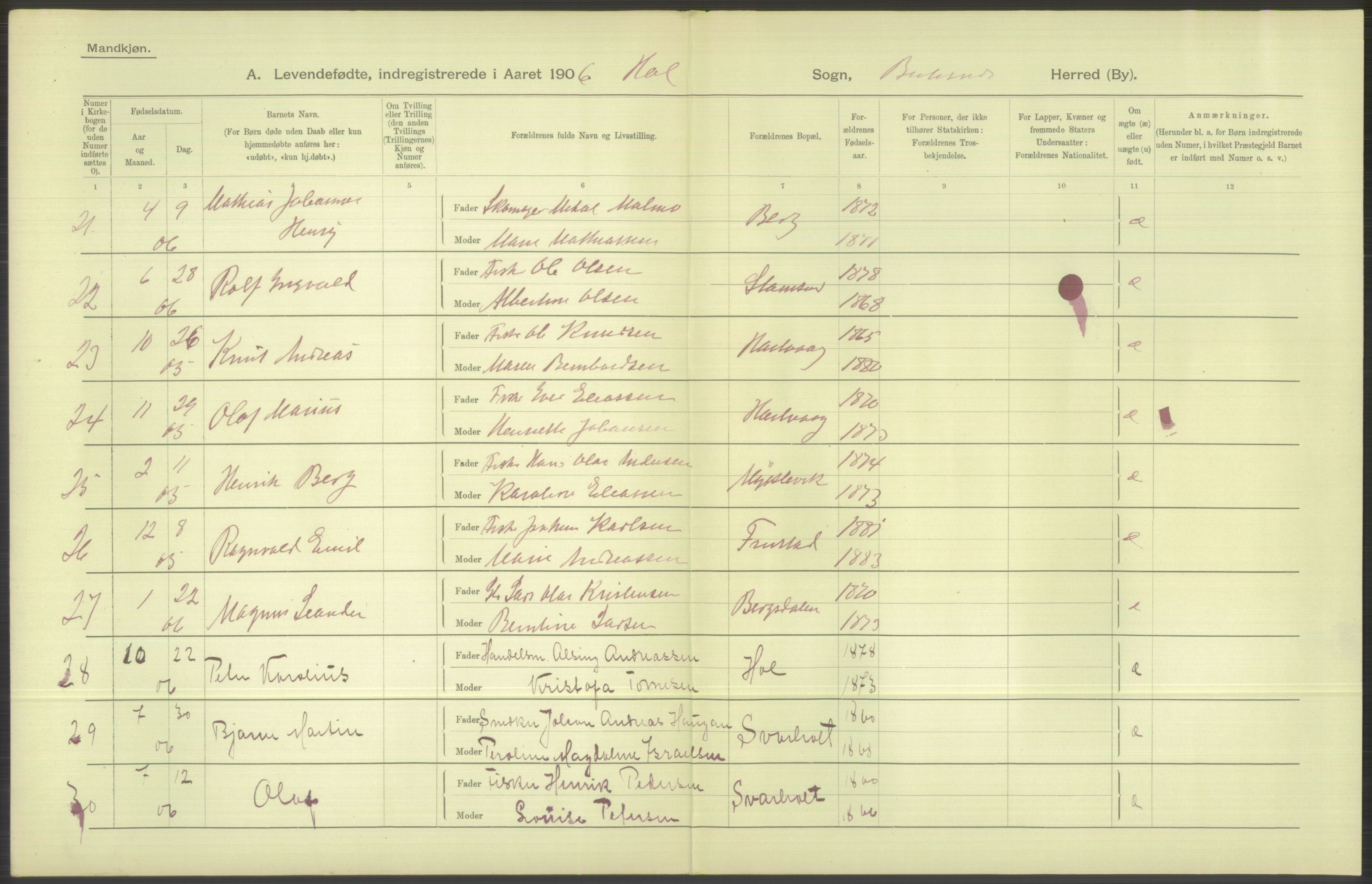 Statistisk sentralbyrå, Sosiodemografiske emner, Befolkning, AV/RA-S-2228/D/Df/Dfa/Dfad/L0044: Nordlands amt: Levendefødte menn og kvinner. Bygder., 1906, p. 140