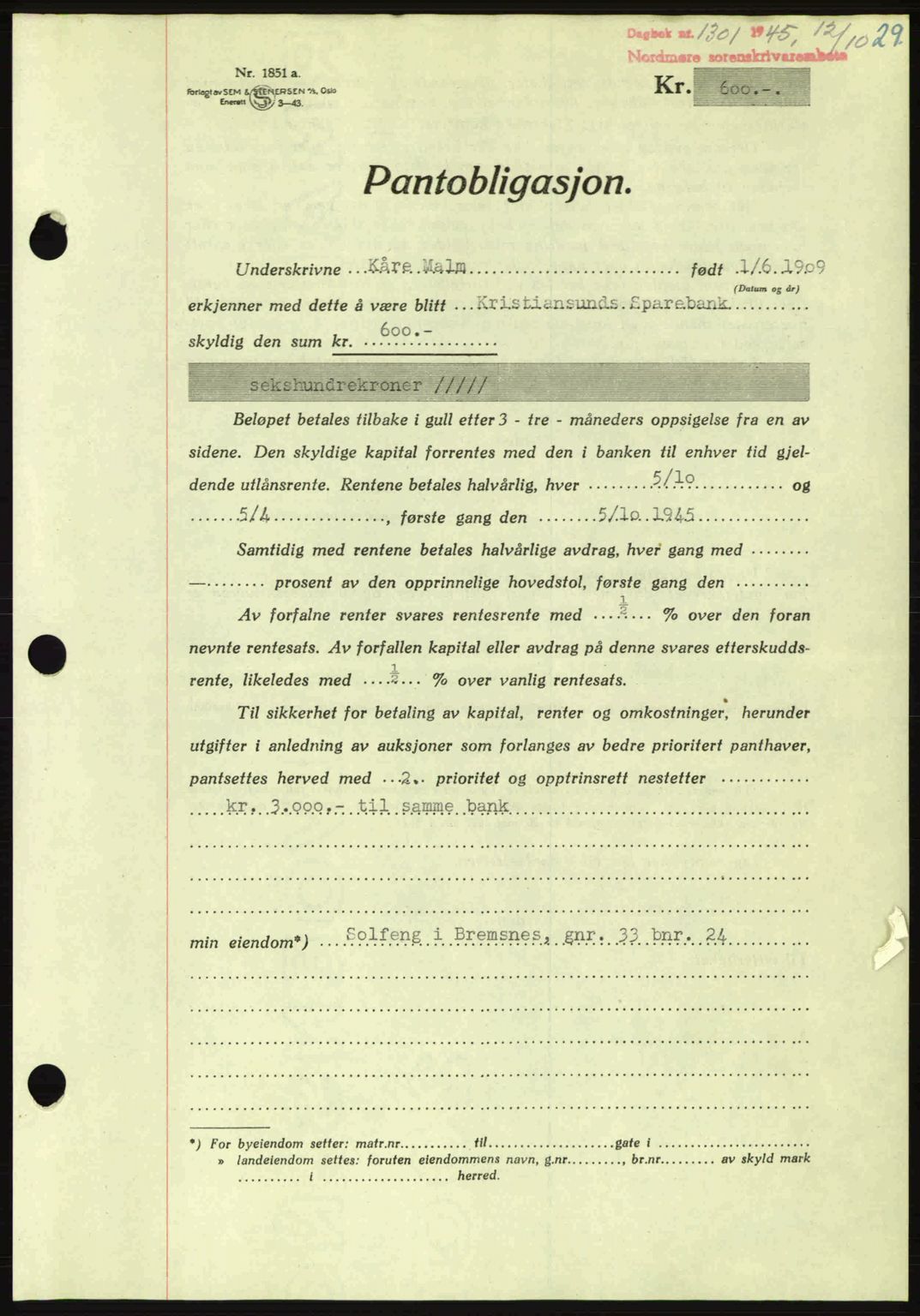 Nordmøre sorenskriveri, AV/SAT-A-4132/1/2/2Ca: Mortgage book no. B93a, 1945-1945, Diary no: : 1301/1945