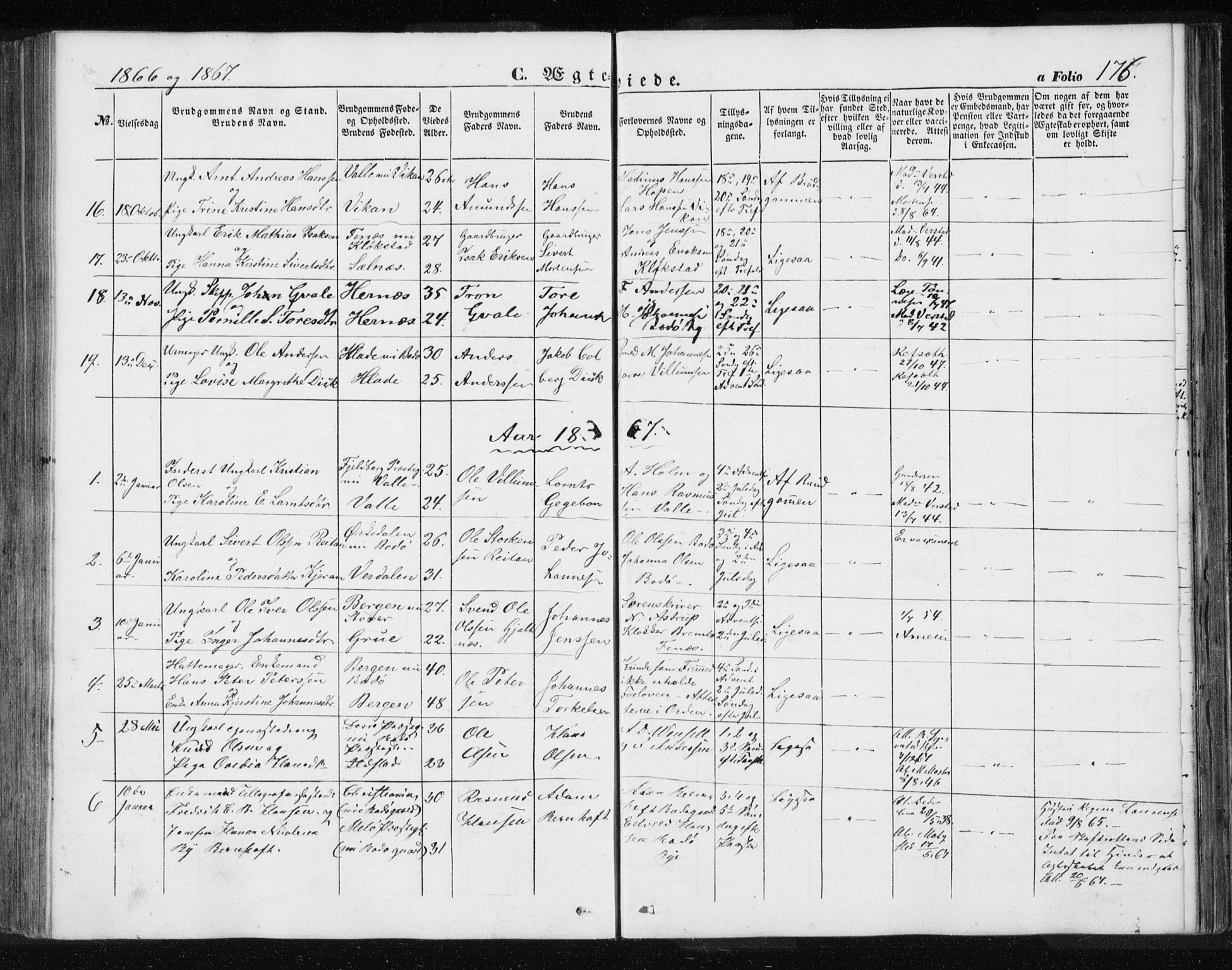 Ministerialprotokoller, klokkerbøker og fødselsregistre - Nordland, SAT/A-1459/801/L0028: Parish register (copy) no. 801C03, 1855-1867, p. 176
