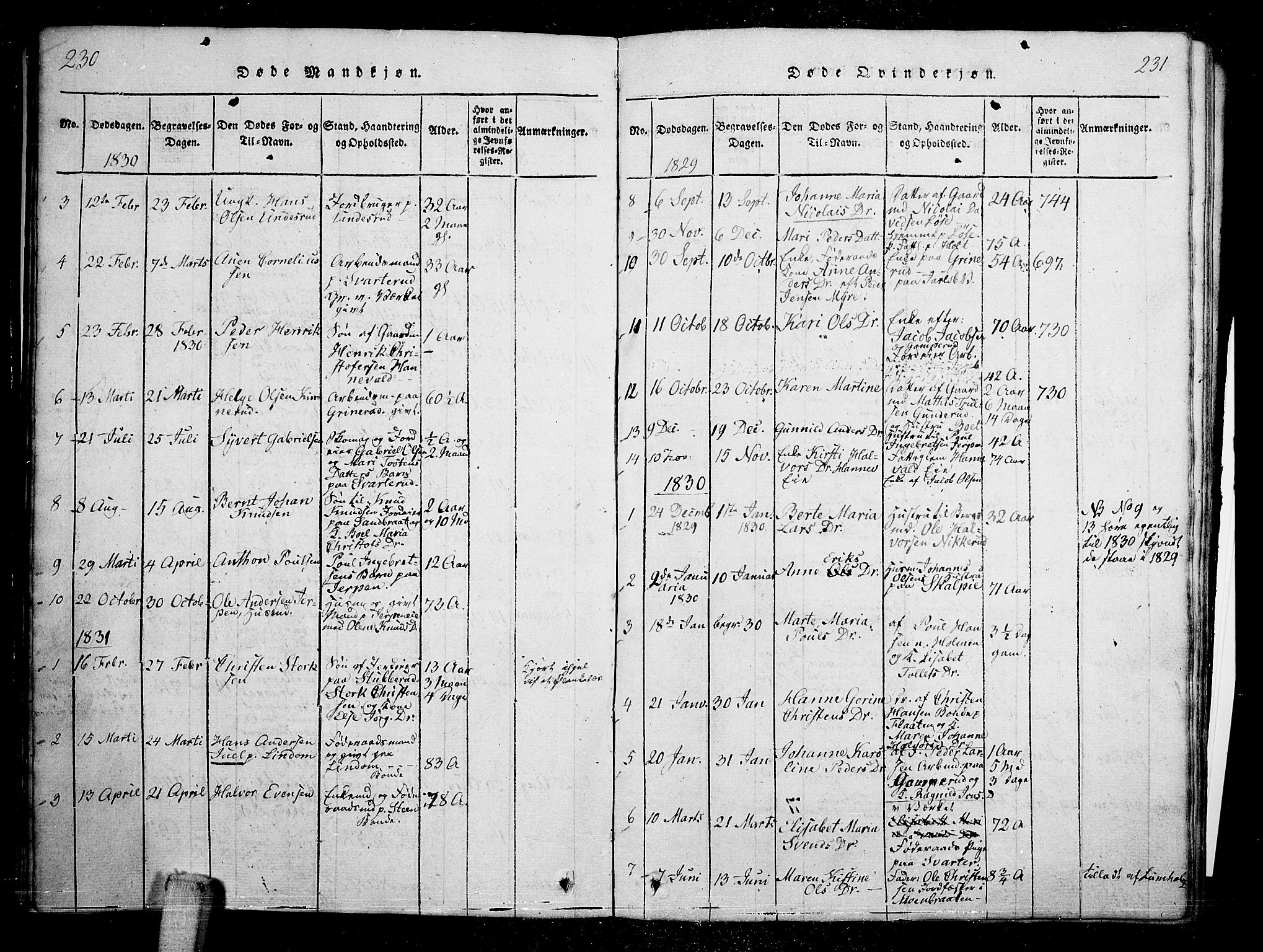 Skoger kirkebøker, AV/SAKO-A-59/G/Ga/L0001: Parish register (copy) no. I 1, 1814-1845, p. 230-231