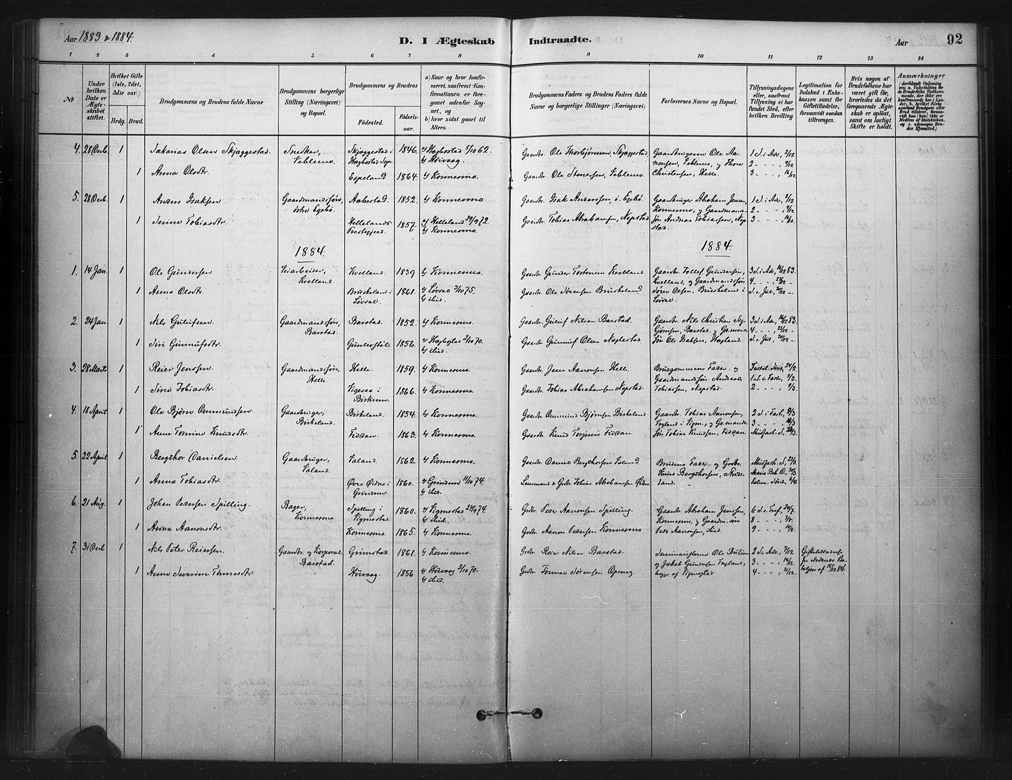 Nord-Audnedal sokneprestkontor, SAK/1111-0032/F/Fa/Faa/L0003: Parish register (official) no. A 3, 1882-1900, p. 92