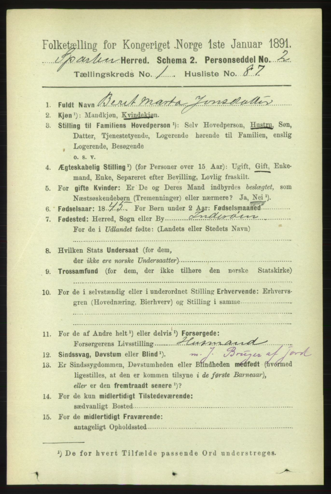 RA, 1891 census for 1731 Sparbu, 1891, p. 629