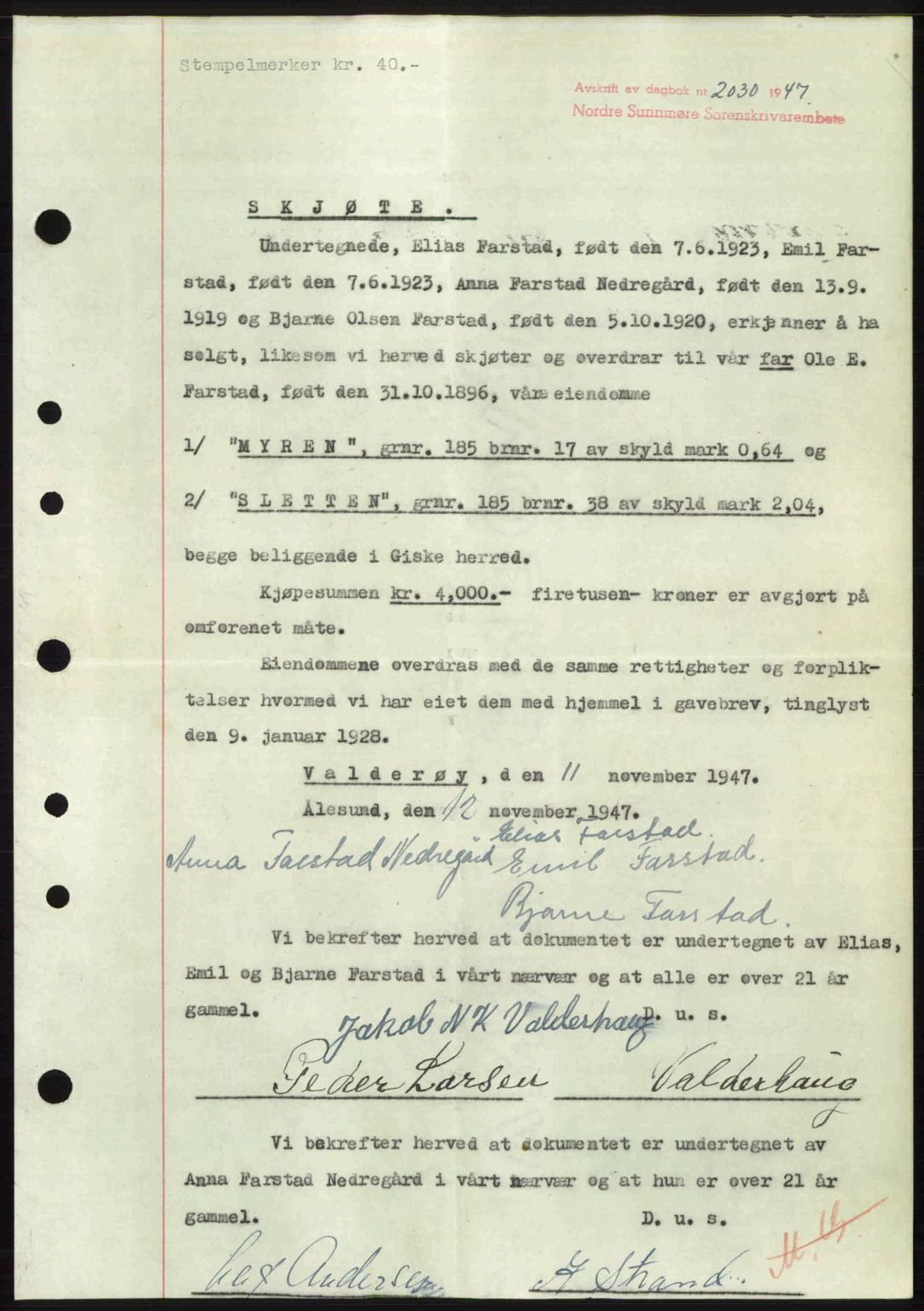 Nordre Sunnmøre sorenskriveri, AV/SAT-A-0006/1/2/2C/2Ca: Mortgage book no. A26, 1947-1948, Diary no: : 2030/1947