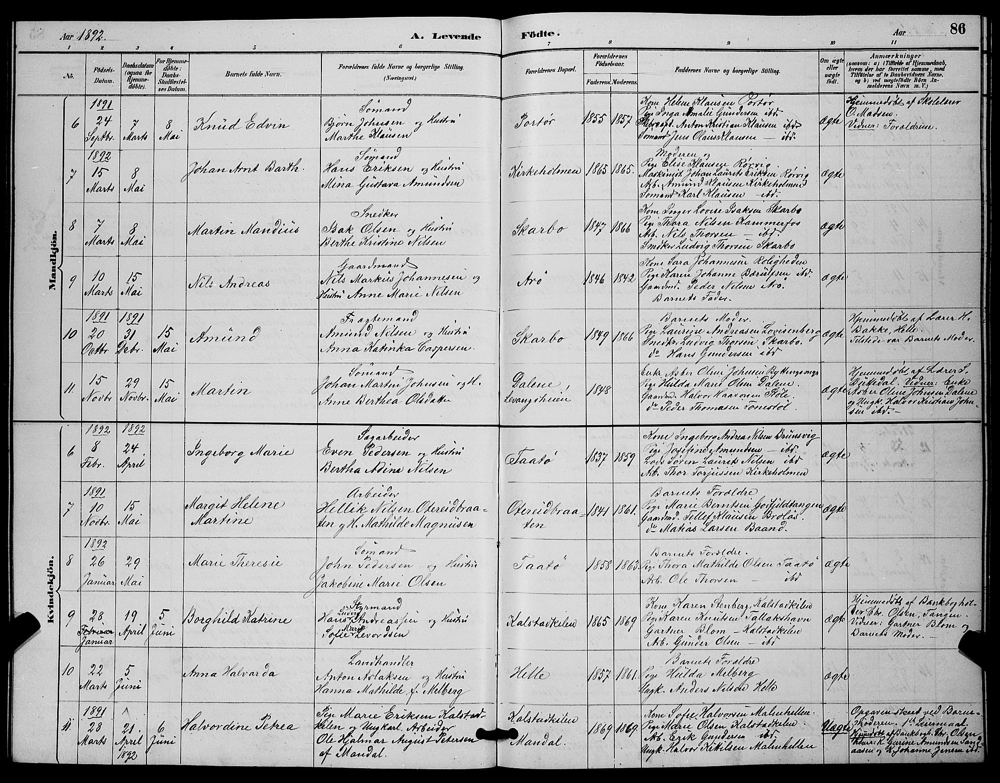 Skåtøy kirkebøker, SAKO/A-304/G/Ga/L0003: Parish register (copy) no. I 3, 1884-1898, p. 86