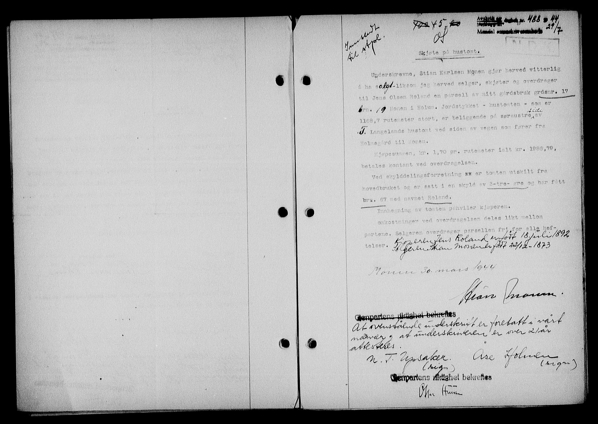Mandal sorenskriveri, SAK/1221-0005/001/G/Gb/Gba/L0075: Mortgage book no. A-12, 1943-1944, Diary no: : 488/1944