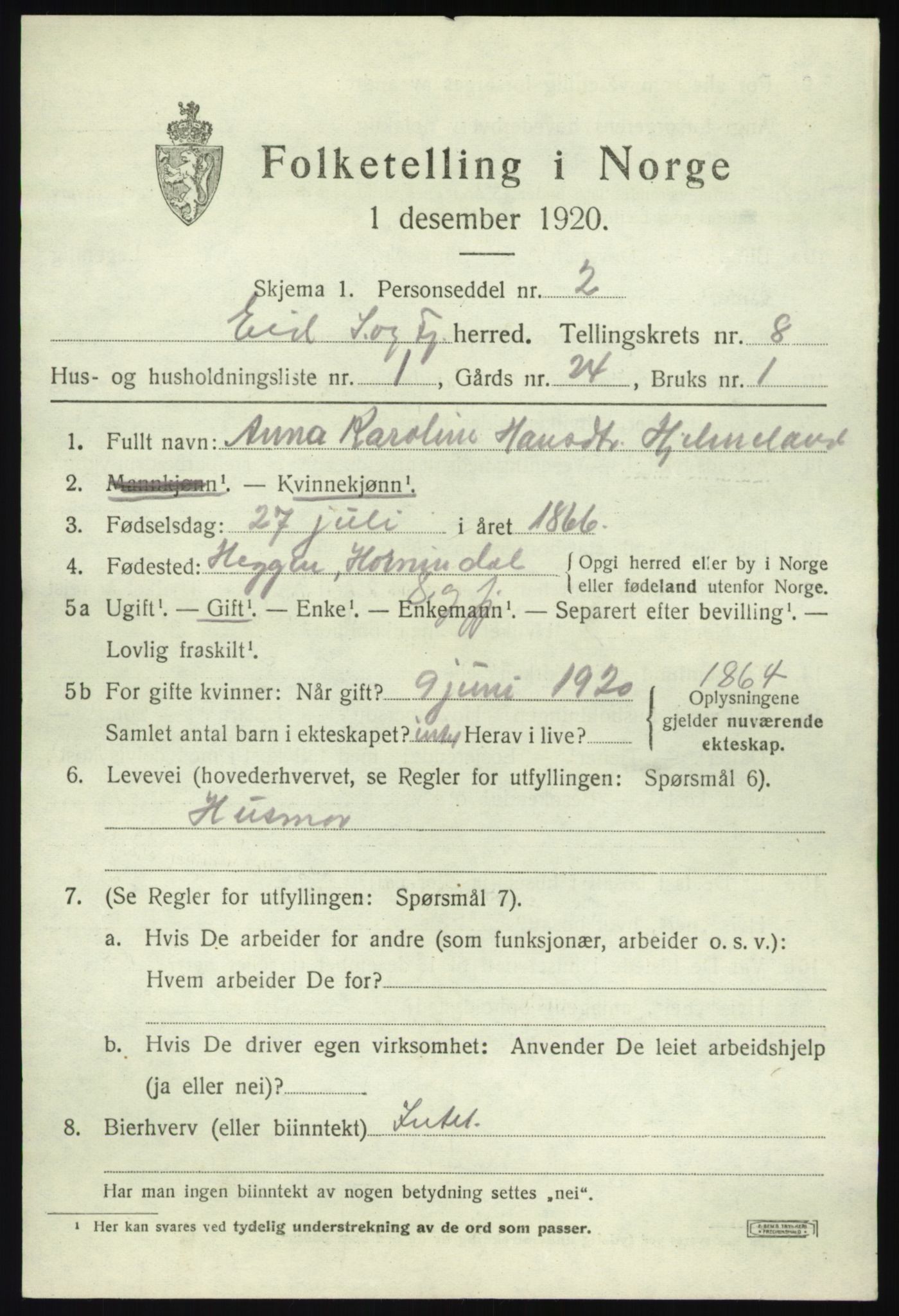 SAB, 1920 census for Eid, 1920, p. 3744